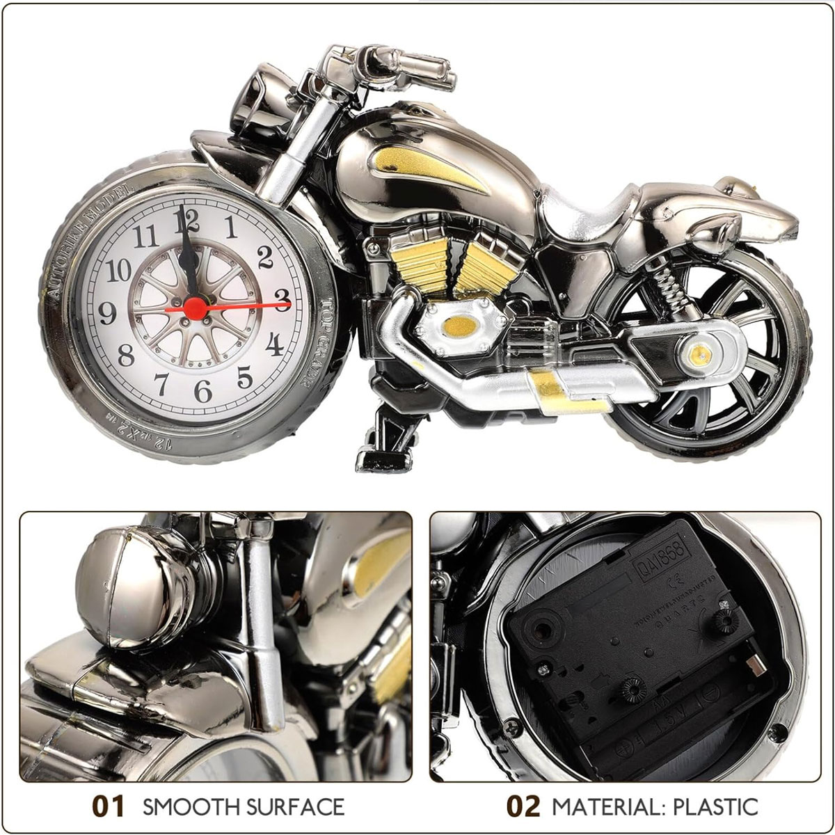 Silberner Motorrad-Taktgeber mit Uhr im Vorderrad, detaillierte Ansichten.