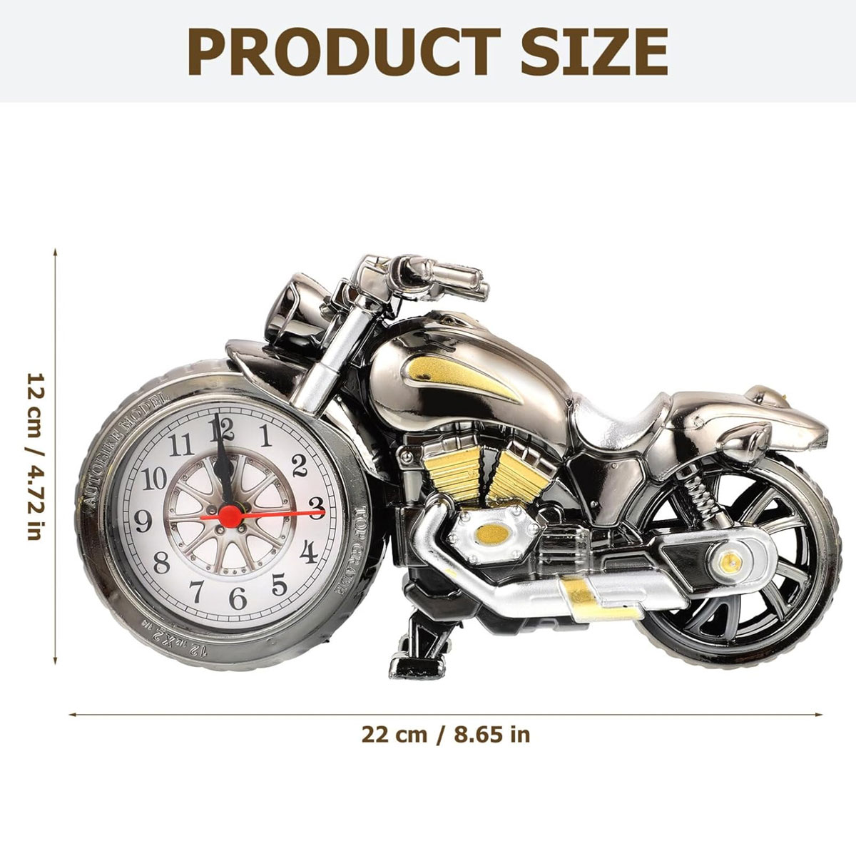 Silberner Motorrad-Schreibtischwecker mit gelben Akzenten und Maßangaben.