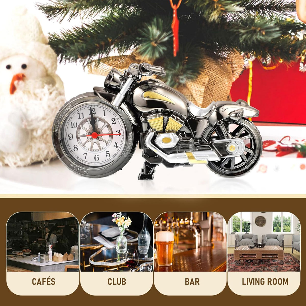 Motorraduhr neben Schneemann und Weihnachtsbaum mit vier Szenen darunter.