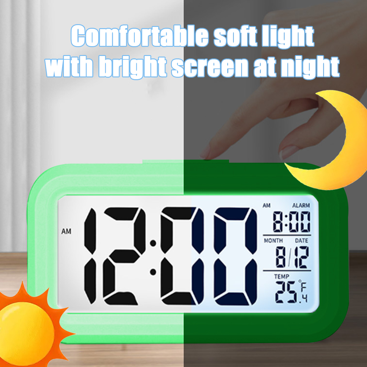 Digitaluhr zeigt 12:00 und 8:00 Alarm an. Sonne und Mond sind zu sehen.