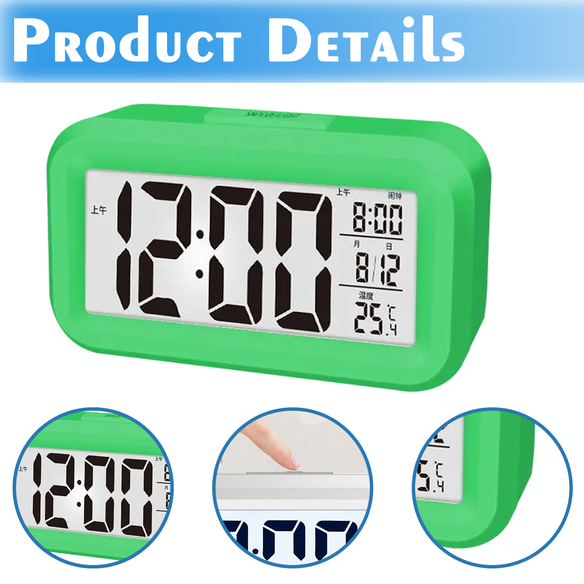 Grüner Digitalwecker zeigt 12:00 Uhr, 8:00 Uhr, 8. Dez, 25.4°C.