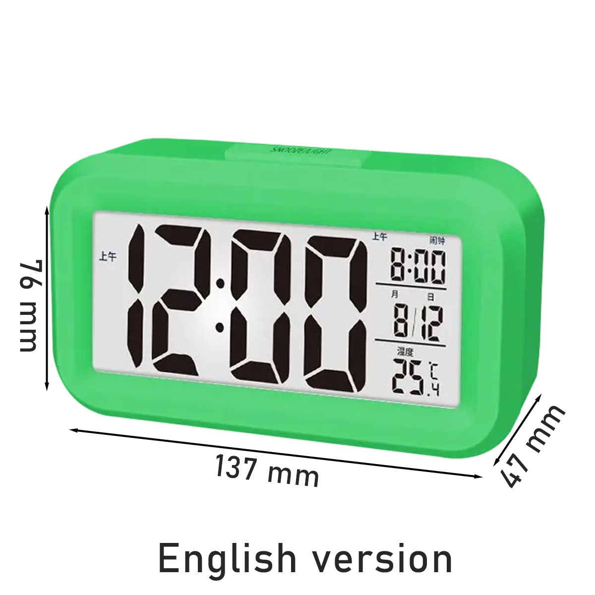 Grüne Digitaluhr zeigt 12:00 Uhr, Datum 8/12 und 25°C an. Maße 137x76x47mm.