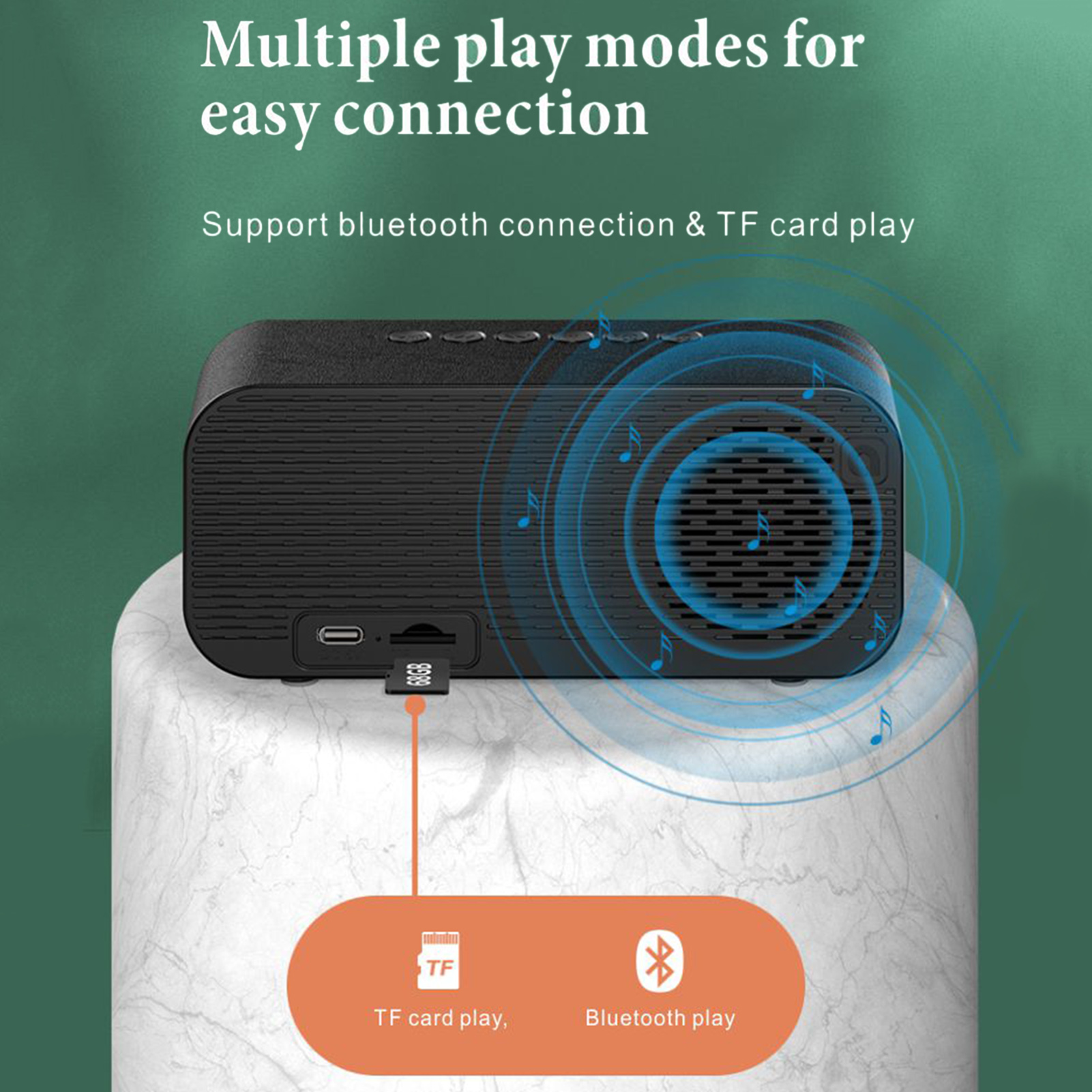 Schwarzer Lautsprecher mit TF-Karte und Bluetooth-Symbolen. Unterstützt TF-Kartenspiel.