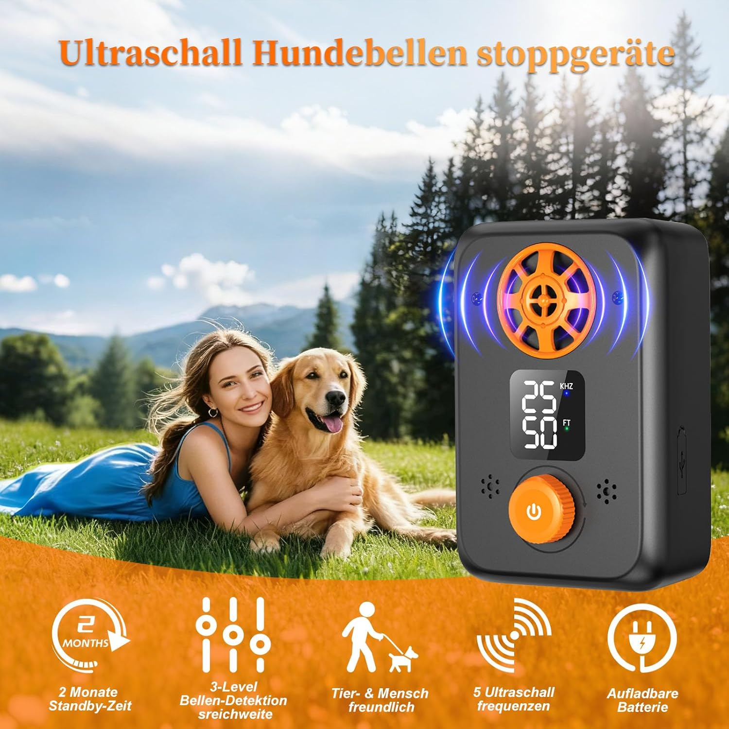Frau mit Hund im Gras neben Ultraschall-Gerät, das Hundebellen stoppt.