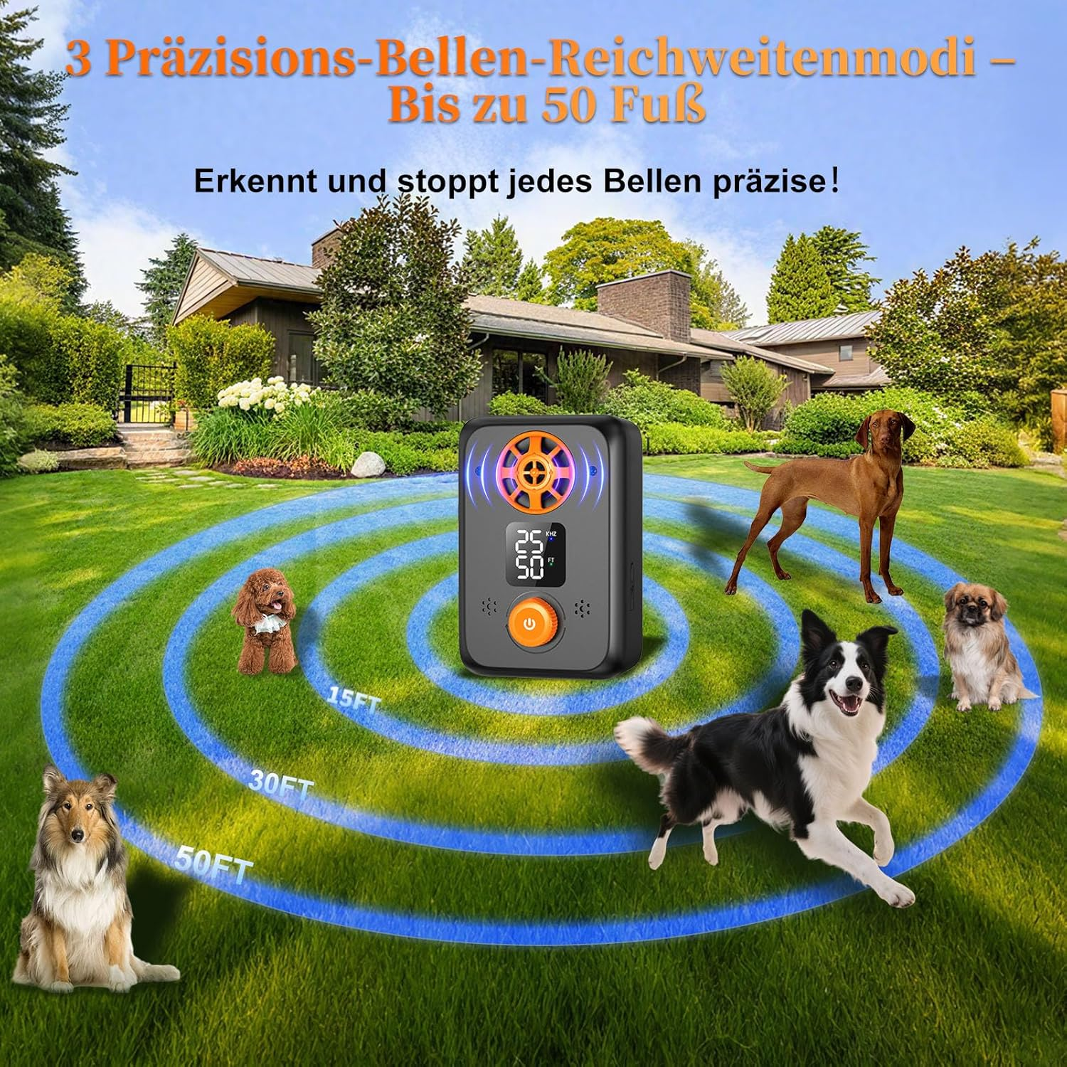 Gerät im Garten mit Hunden, blaue Kreise zeigen Reichweite an.