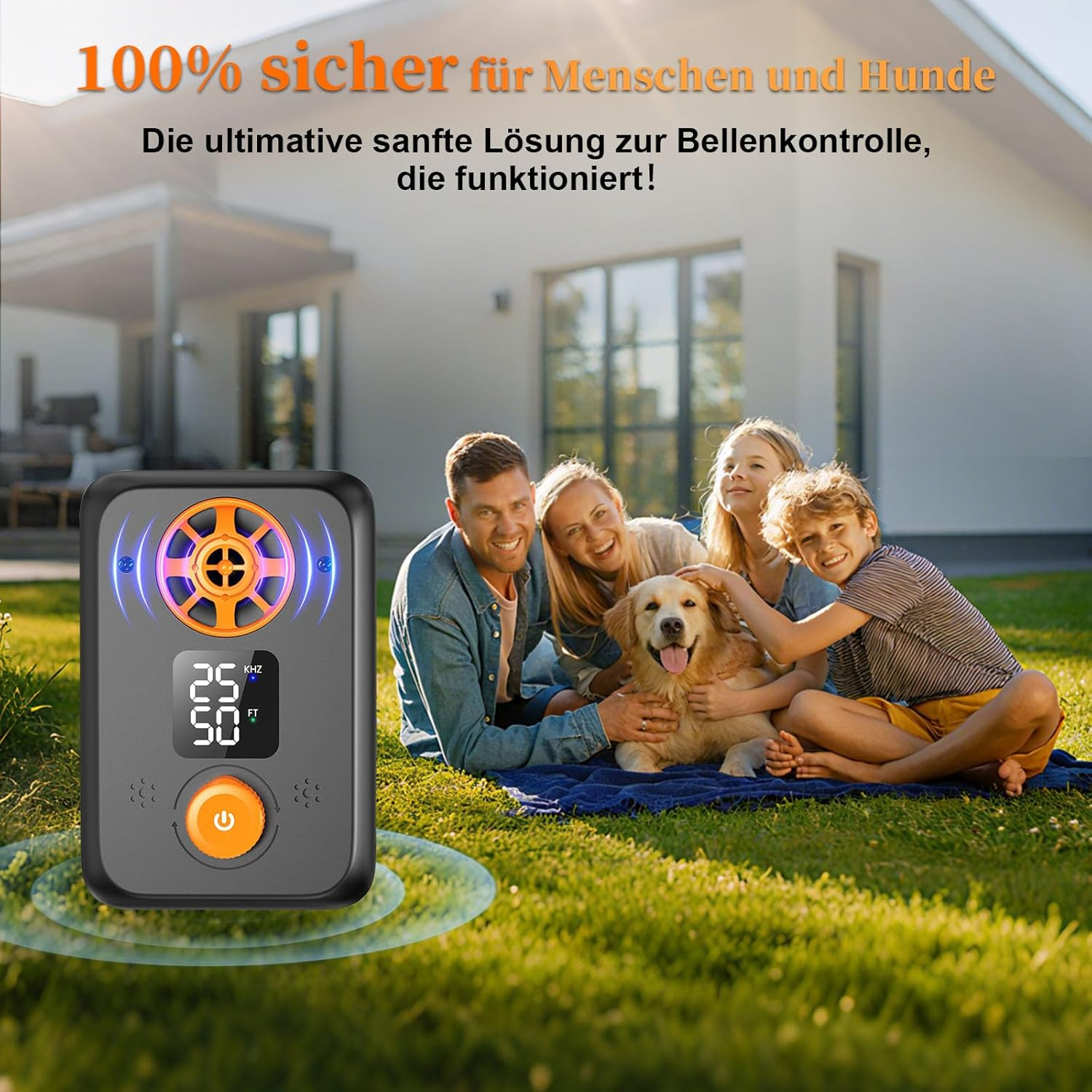 Familie mit Hund im Garten vor einem Gerät. Text: 100% sicher für Menschen und Hunde.