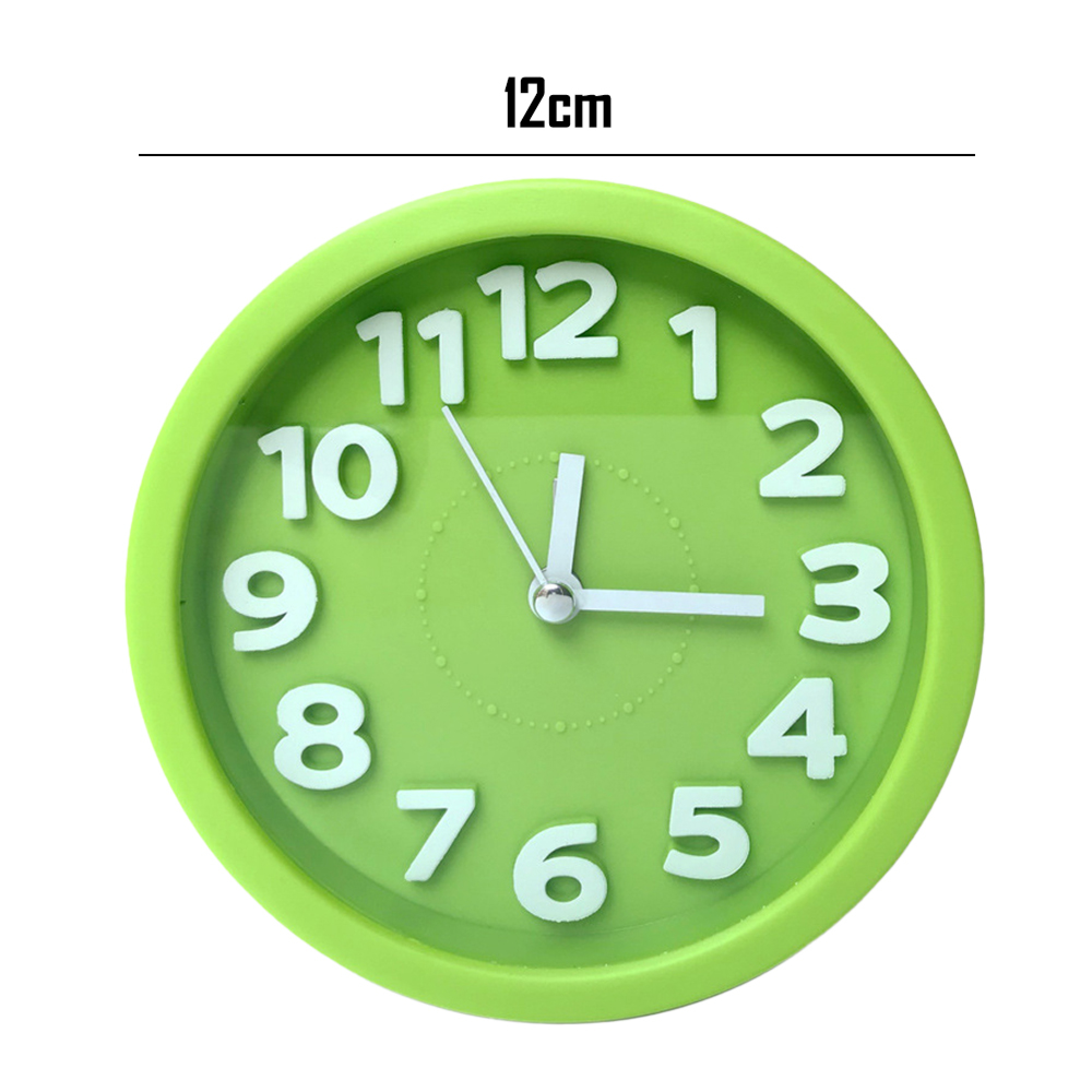 Grüne runde Uhr mit weißen Ziffern und Zeigern. Zeigt 12 cm an.