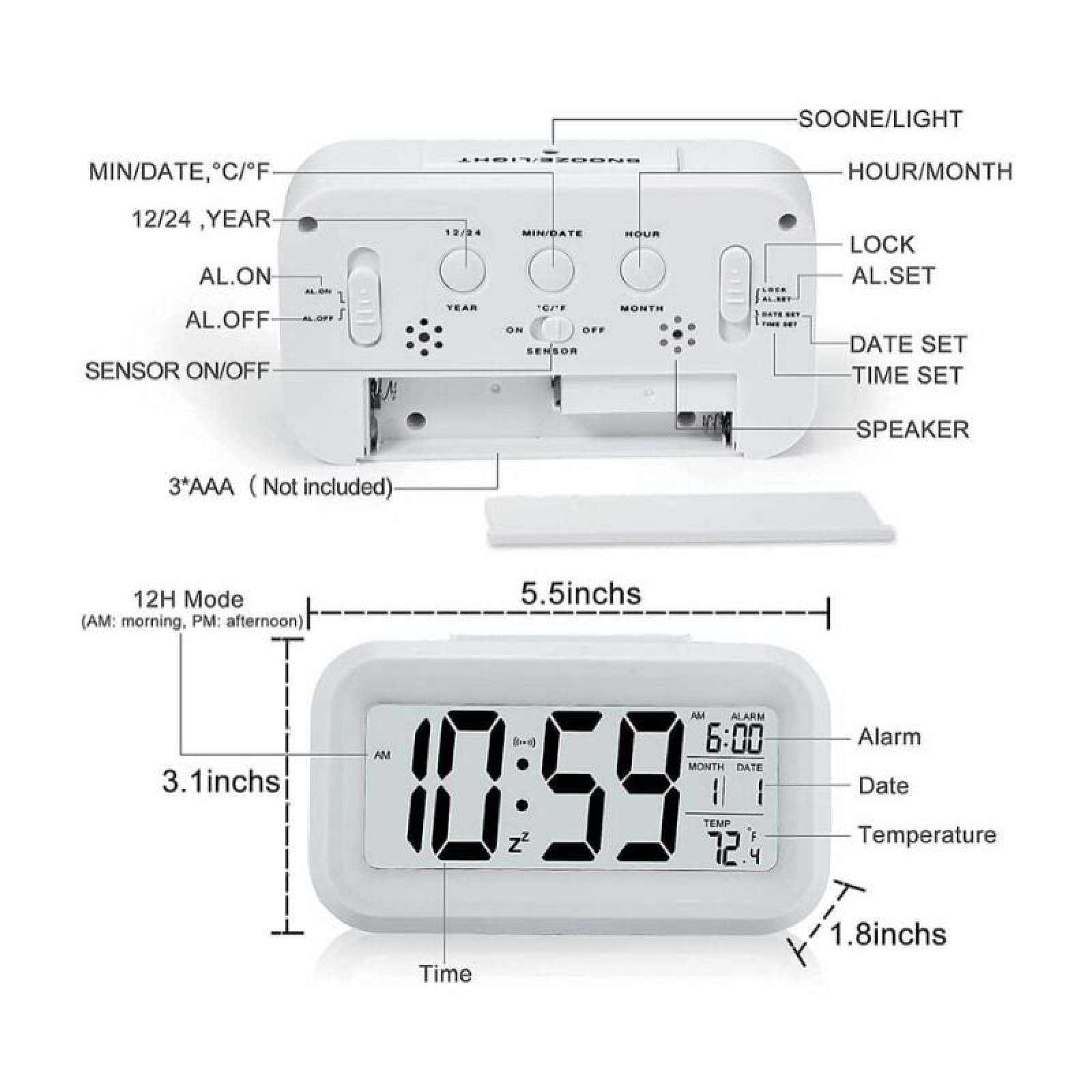 Ein weißer digitaler Wecker zeigt 10:59 Uhr und 6:00 Uhr Alarm an.