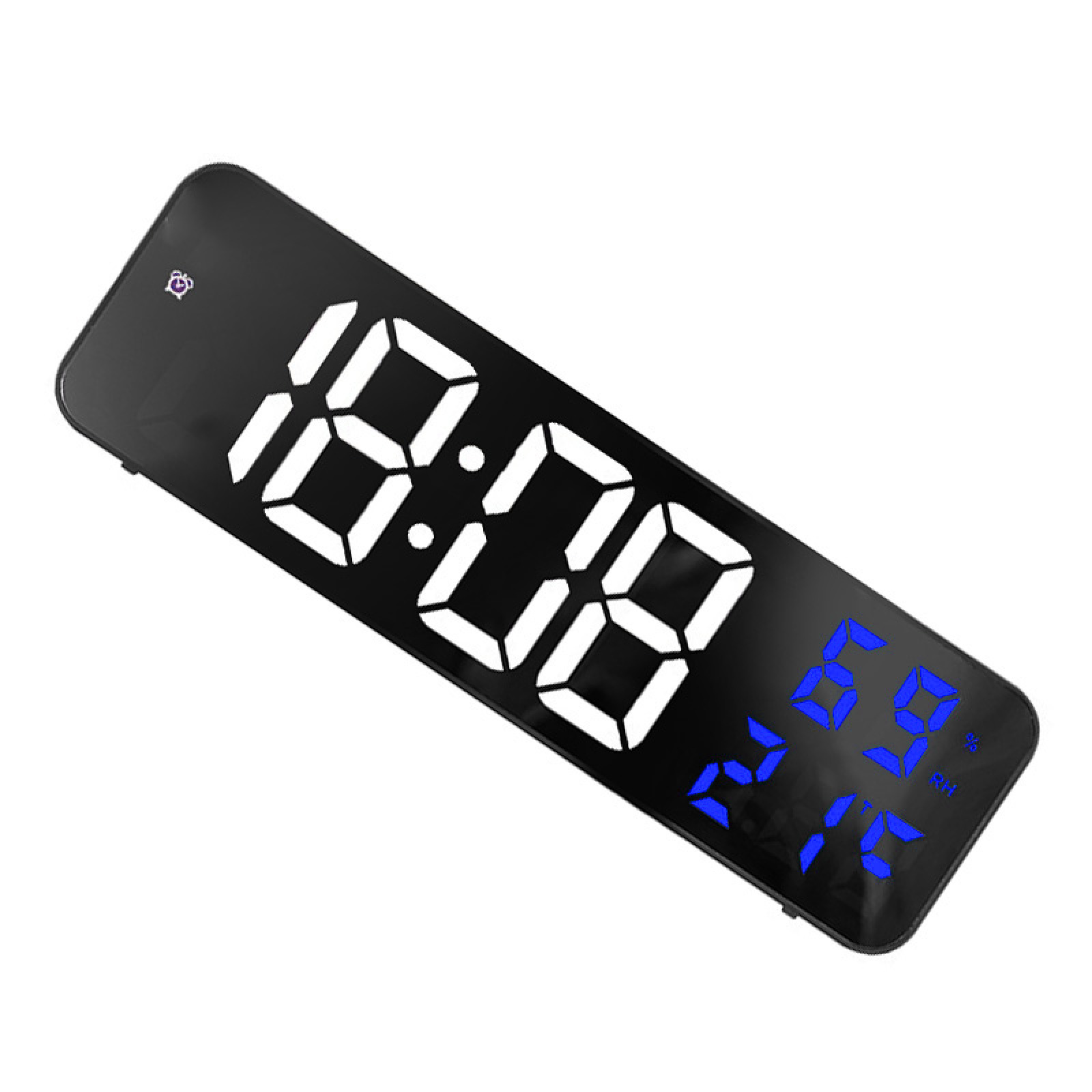Digitaluhr mit weißer Zeit 10:08 und blauer Temperatur 21°C auf schwarzem Display.