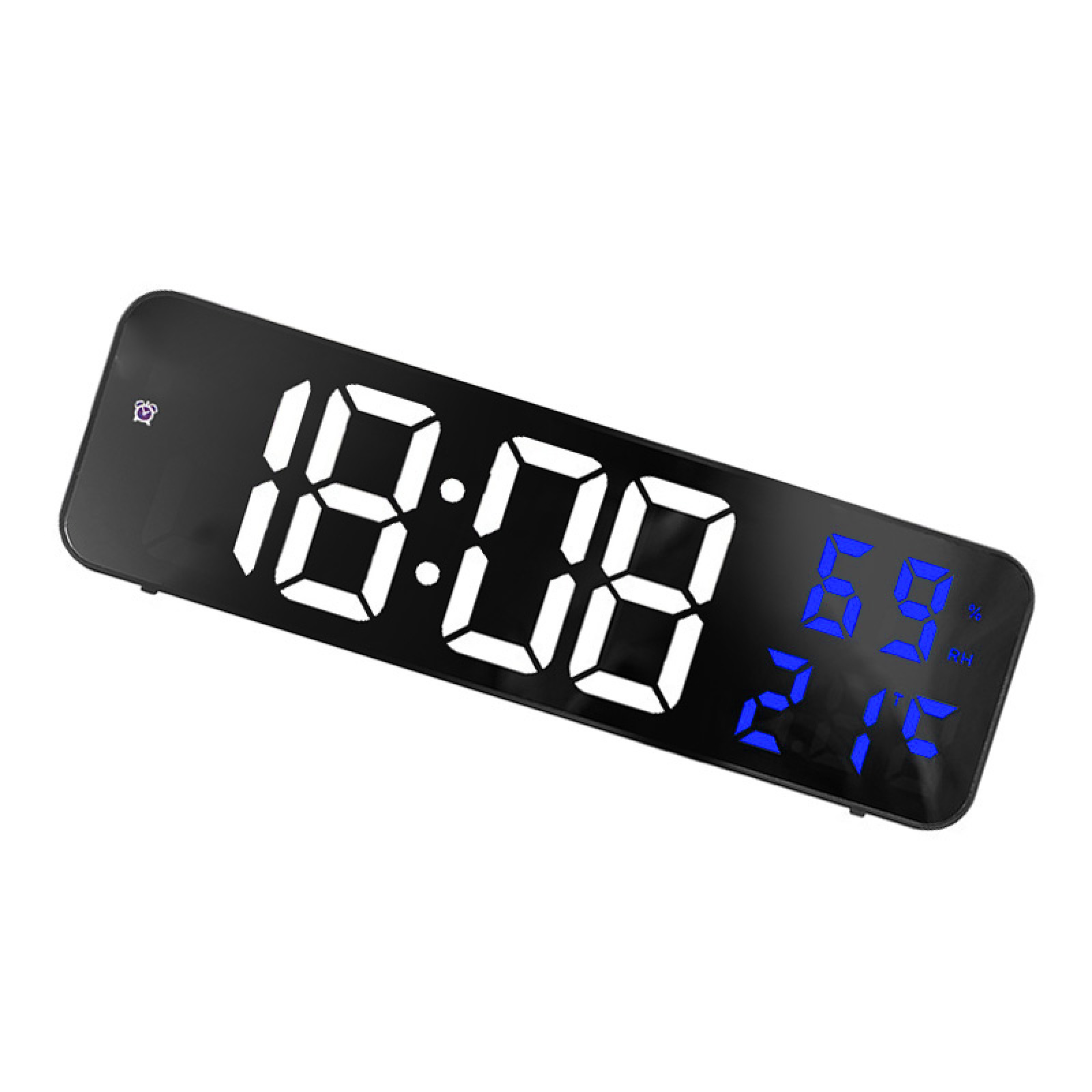 Digitaluhr mit weißer Zeitanzeige und blauer Temperatur/Luftfeuchtigkeit.