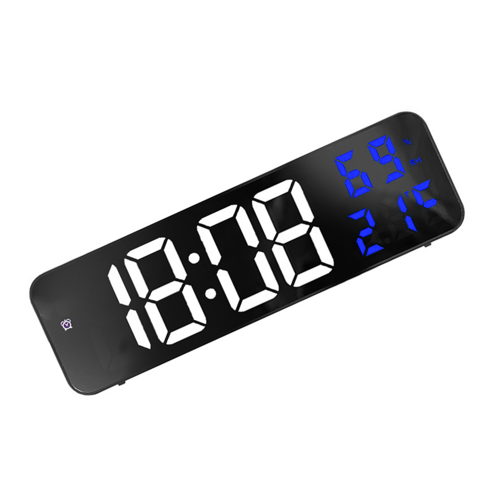 Eine schwarze Digitaluhr zeigt 18:08, 69 % Luftfeuchtigkeit und 21 °C an.