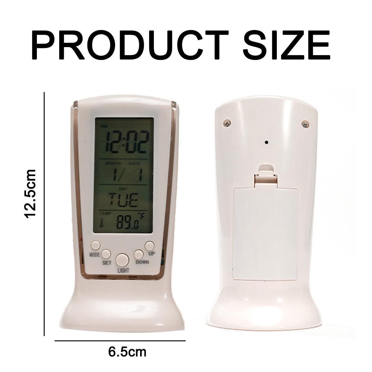Ein weißer Digitalwecker mit Display, das Zeit, Datum und Temperatur anzeigt.