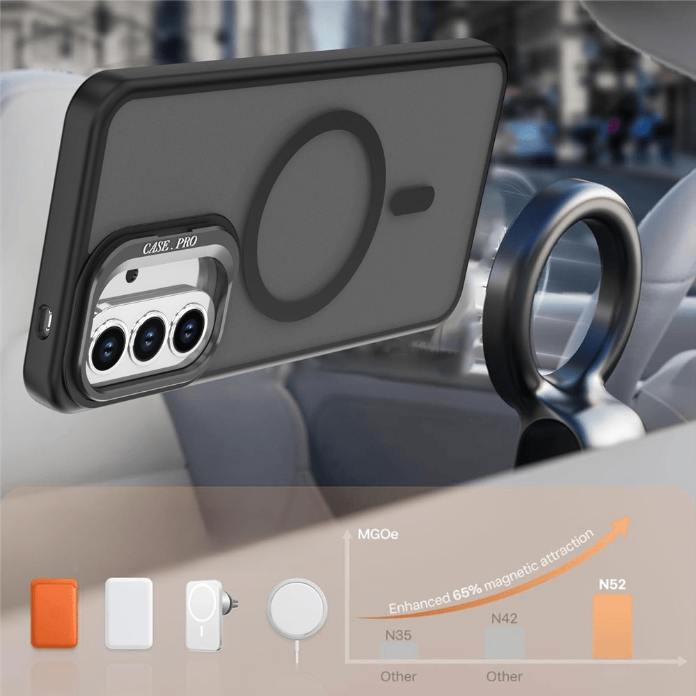 Une coque de téléphone noire avec anneau magnétique s'attache à un support de voiture. Ci-dessous des accessoires de chargement et un graphique.