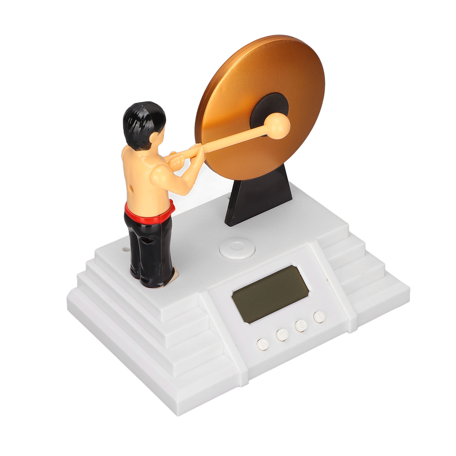 Eine Figur schlägt mit einem Stab gegen eine goldene Glocke auf einem weißen Sockel mit Display.