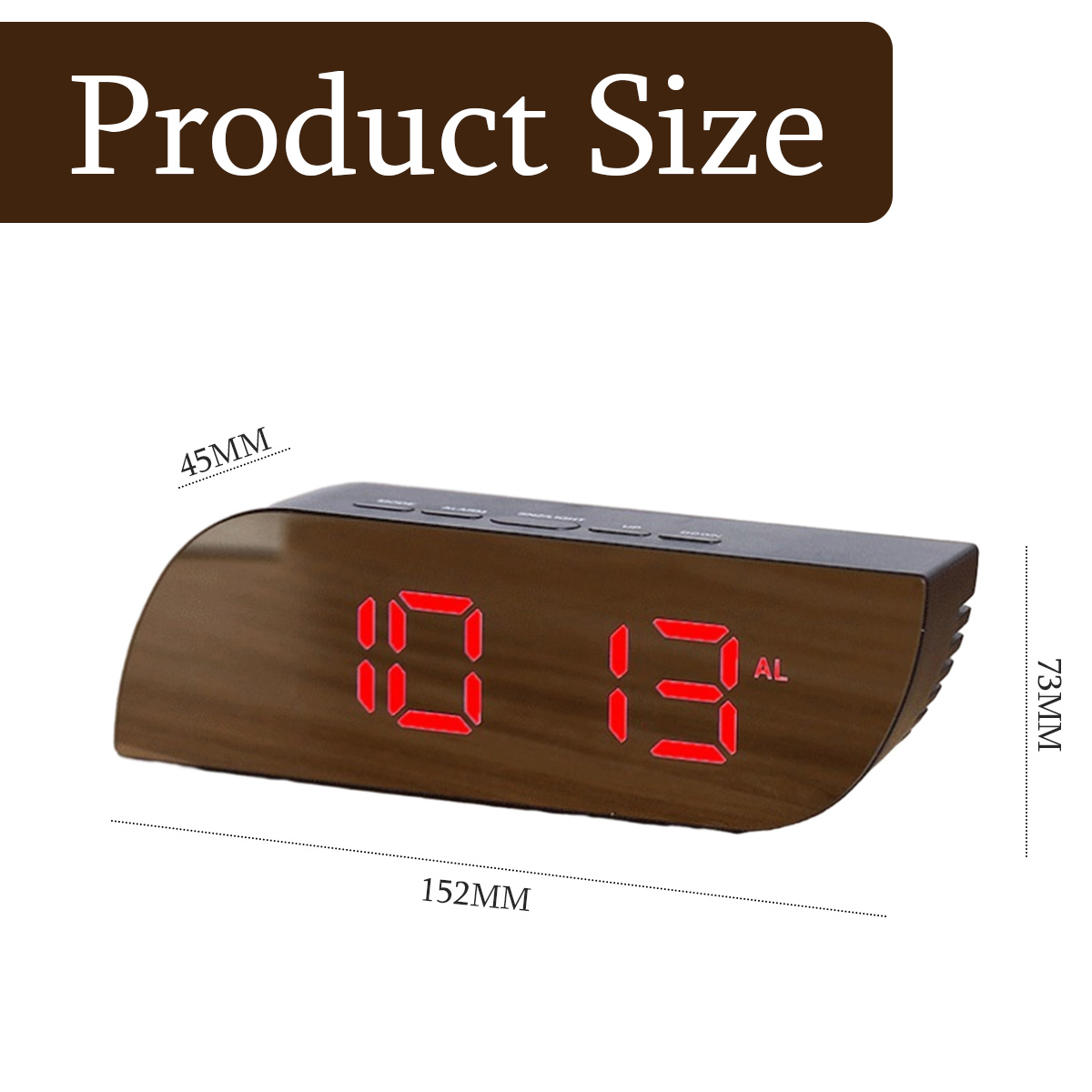 Digitaler Wecker mit rotem LED-Display, Holzoptik, 152x45x73mm.
