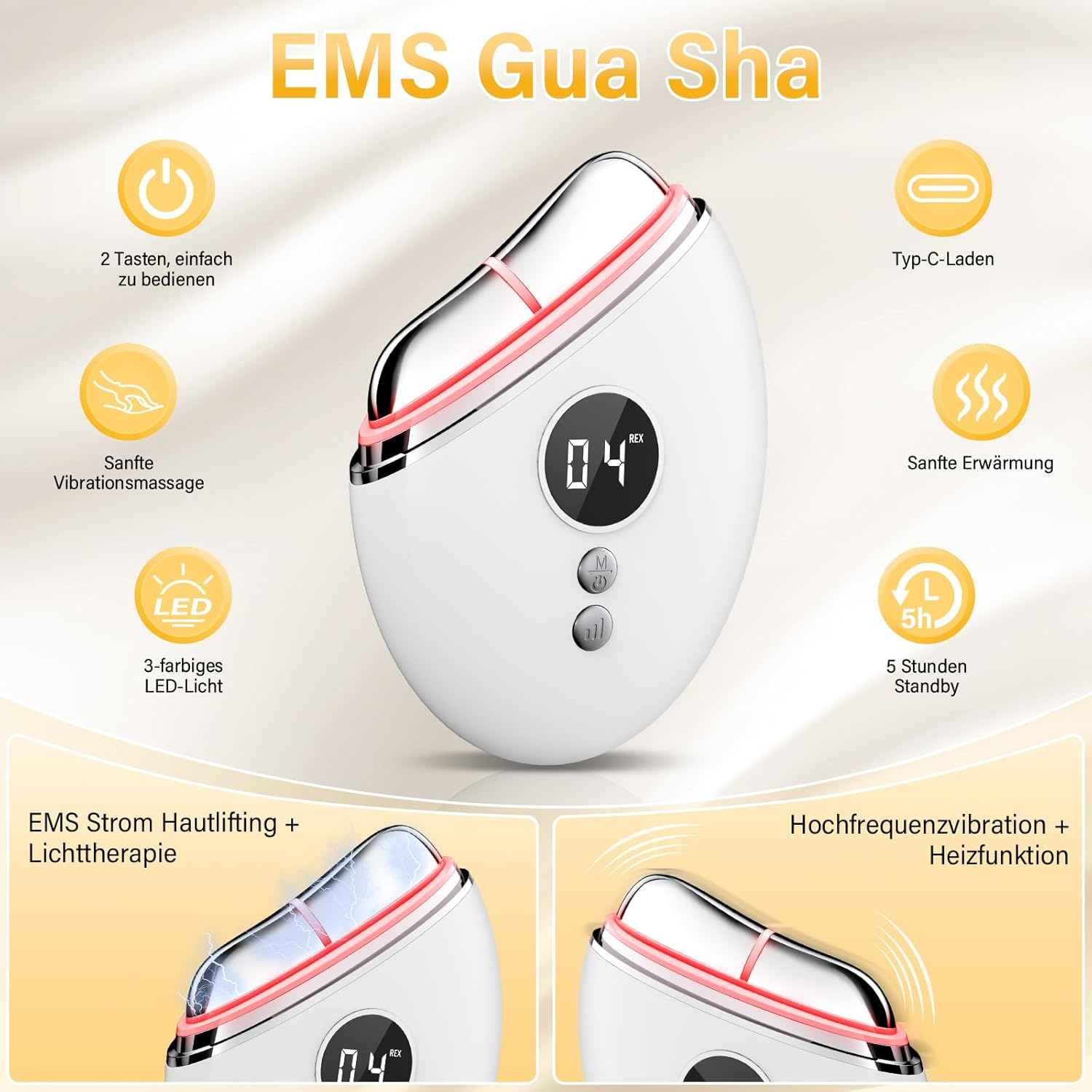 Ein weißes EMS Gua Sha Gerät mit roten Akzenten und einem Display, das 04 anzeigt.