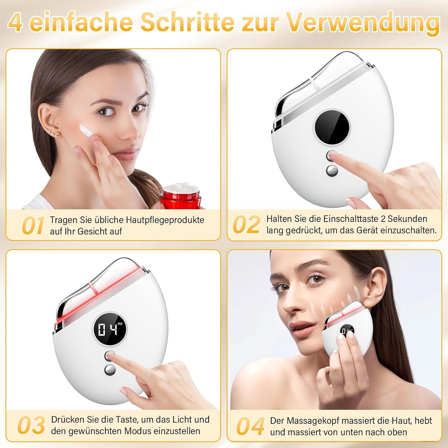 Vier Schritte zur Hautpflege: Auftragen, Einschalten, Modus wählen, Massieren.