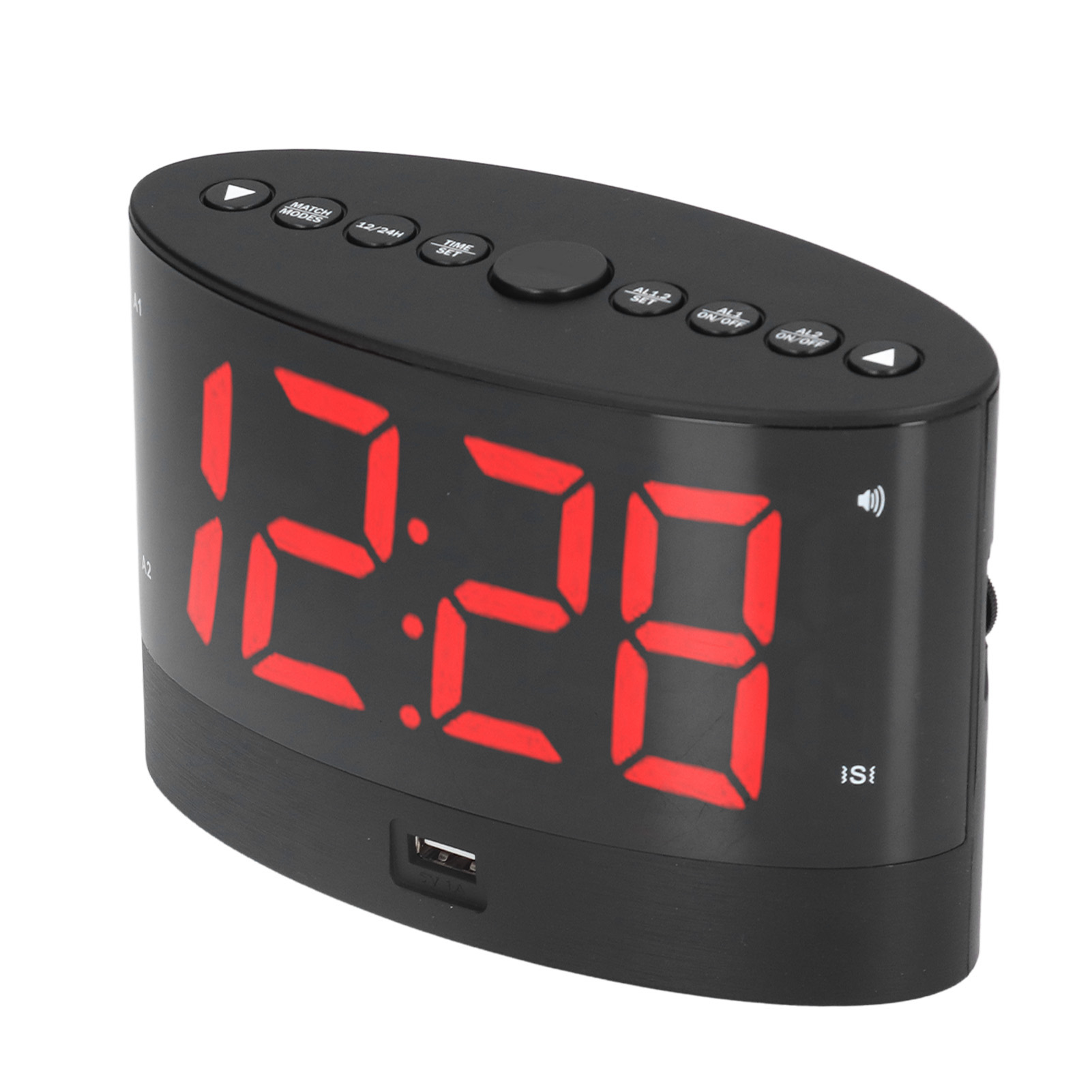 Schwarzer Digitalwecker mit roten Ziffern, die 12:28 anzeigen.