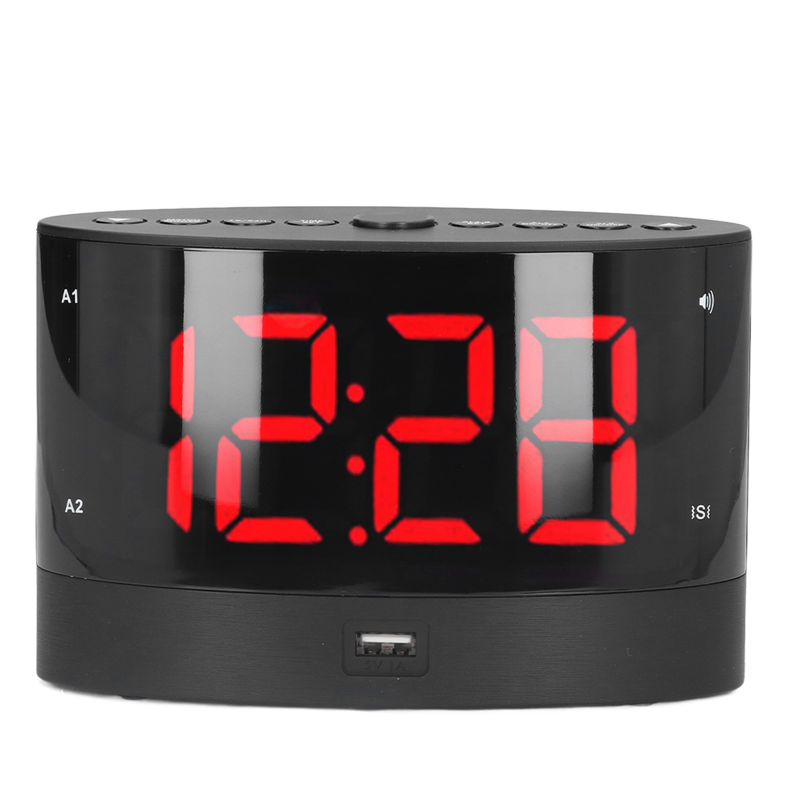 Schwarzer digitaler Wecker mit roten Ziffern, die 12:28 anzeigen.