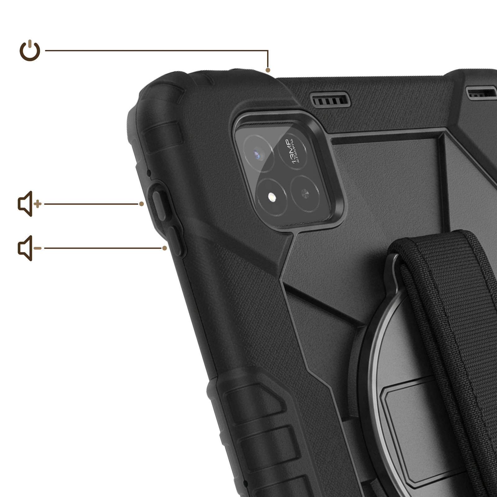 Schwarzes Handygehäuse mit Lautstärke- und Power-Buttons, Kamera und Riemen.
