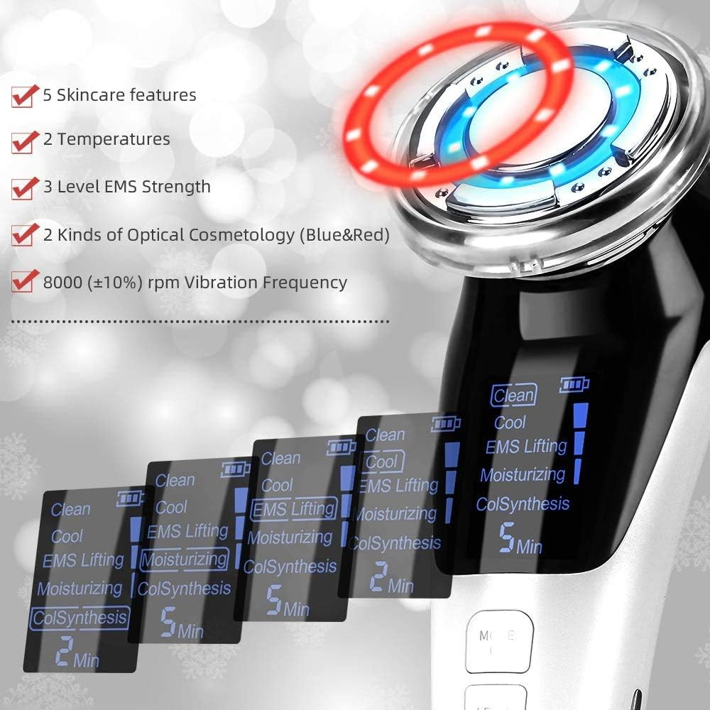 Ein Hautpflegegerät mit einem leuchtenden rot-blauen Kopf, das Funktionen wie EMS-Lifting und Vibrationsfrequenz anzeigt.