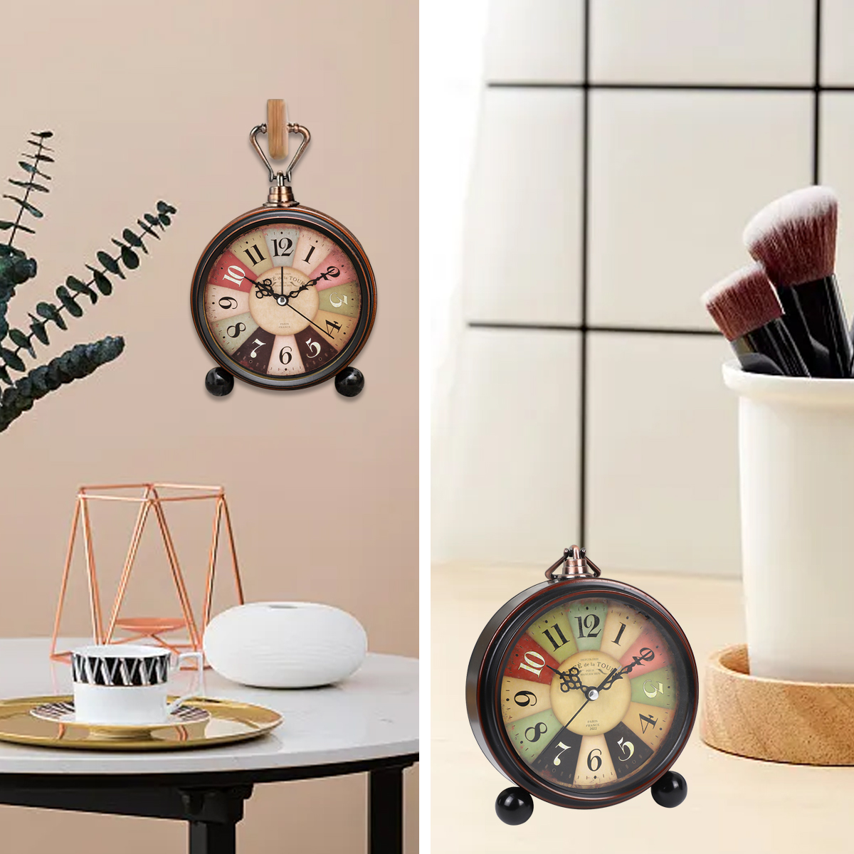 Ein Vintage-Tischuhr mit bunten Ziffern und ein hängender Wanduhr.