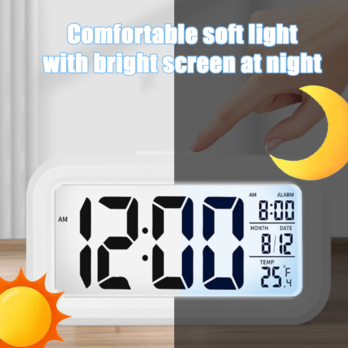 Digitaler Wecker zeigt 12:00 Uhr, 8:00 Uhr Alarm, 8/12 Datum, 25.4°C.