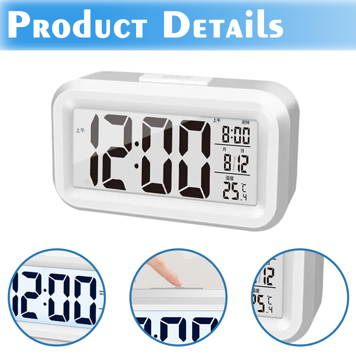 Ein weißer digitaler Wecker zeigt 12:00 Uhr, 8:00 Uhr, 8. Dez. und 25.4°C an.
