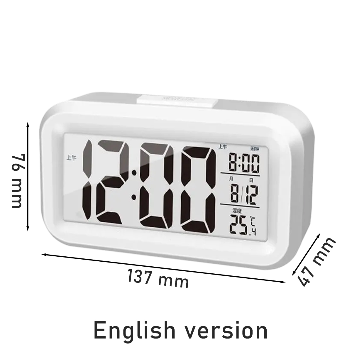 Weißer Digitalwecker zeigt 12:00, 8:00, 8. Dez, 25.5°C. Maße: 137x76x47mm.