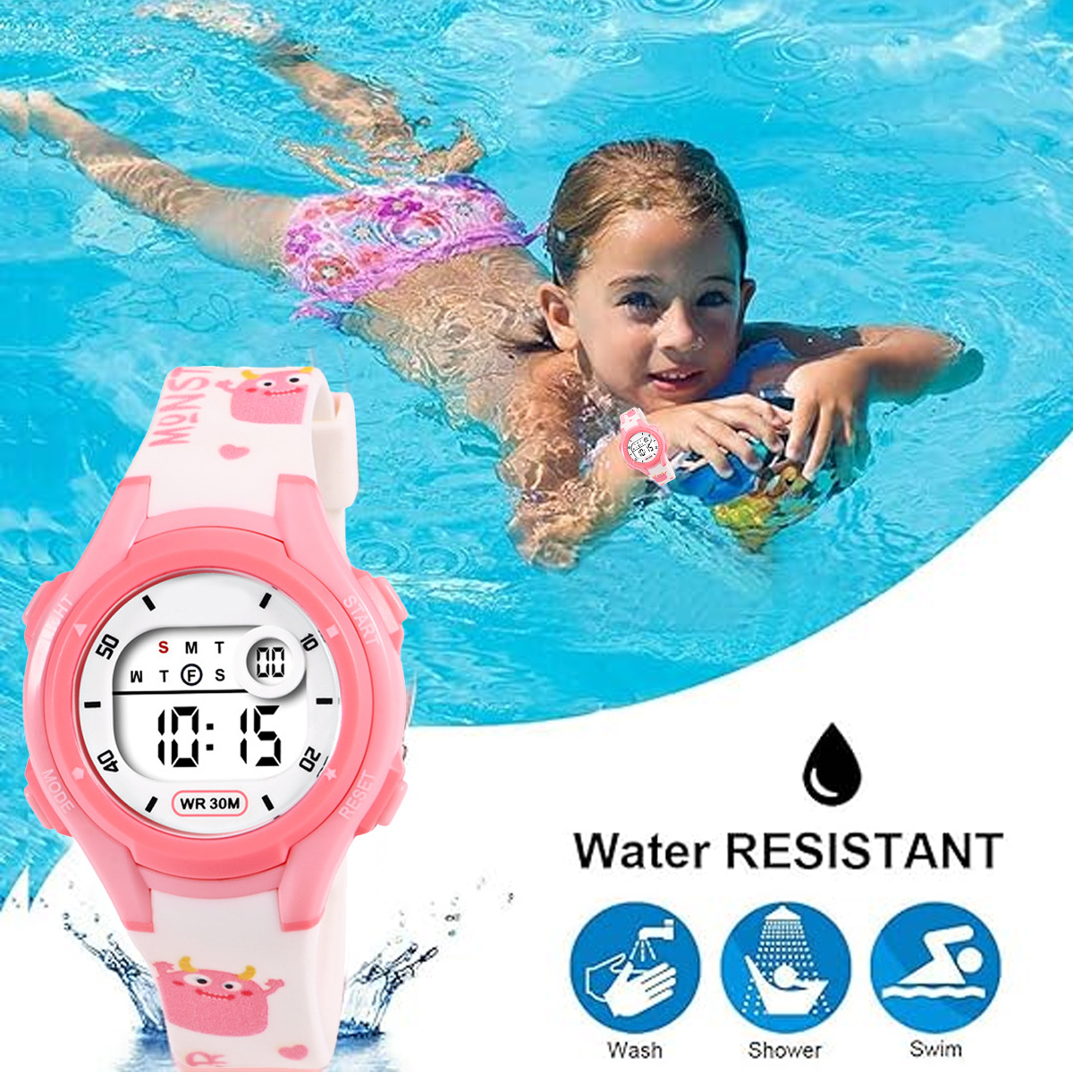 Ein Mädchen schwimmt in einem Pool, eine pinke Digitaluhr im Vordergrund.