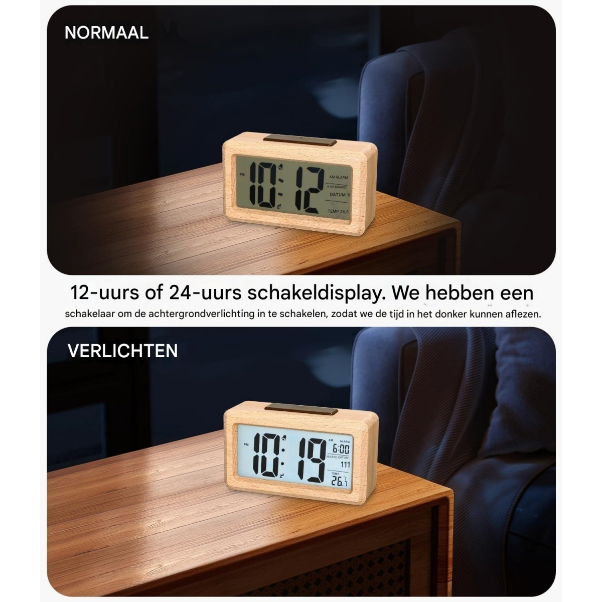 Holzweckeruhr zeigt 10:12. Unten zeigt sie 10:19 mit hellerem Display.