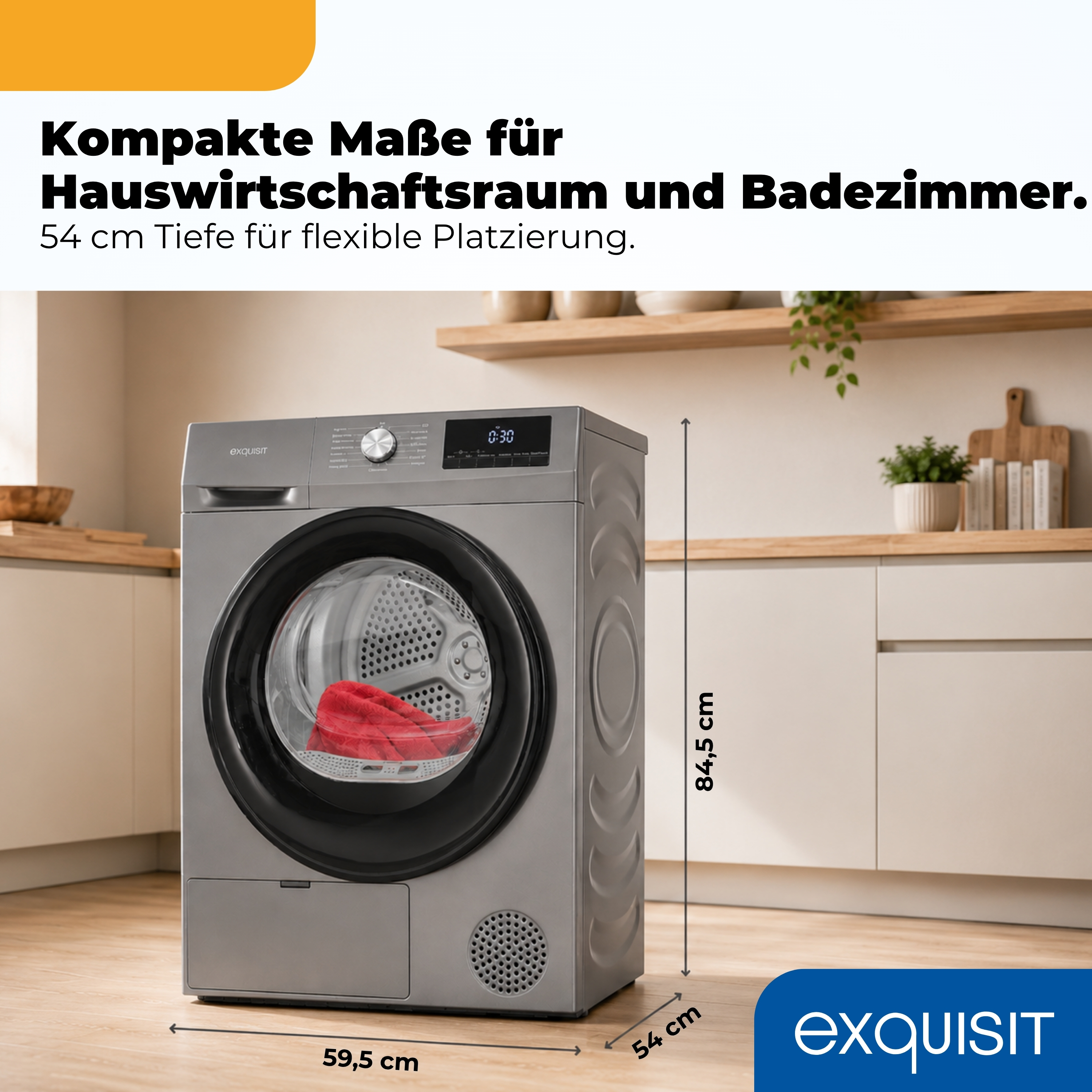 Grauer Wäschetrockner mit rotem Kleidungsstück, Maße 59,5x54x84,5 cm.