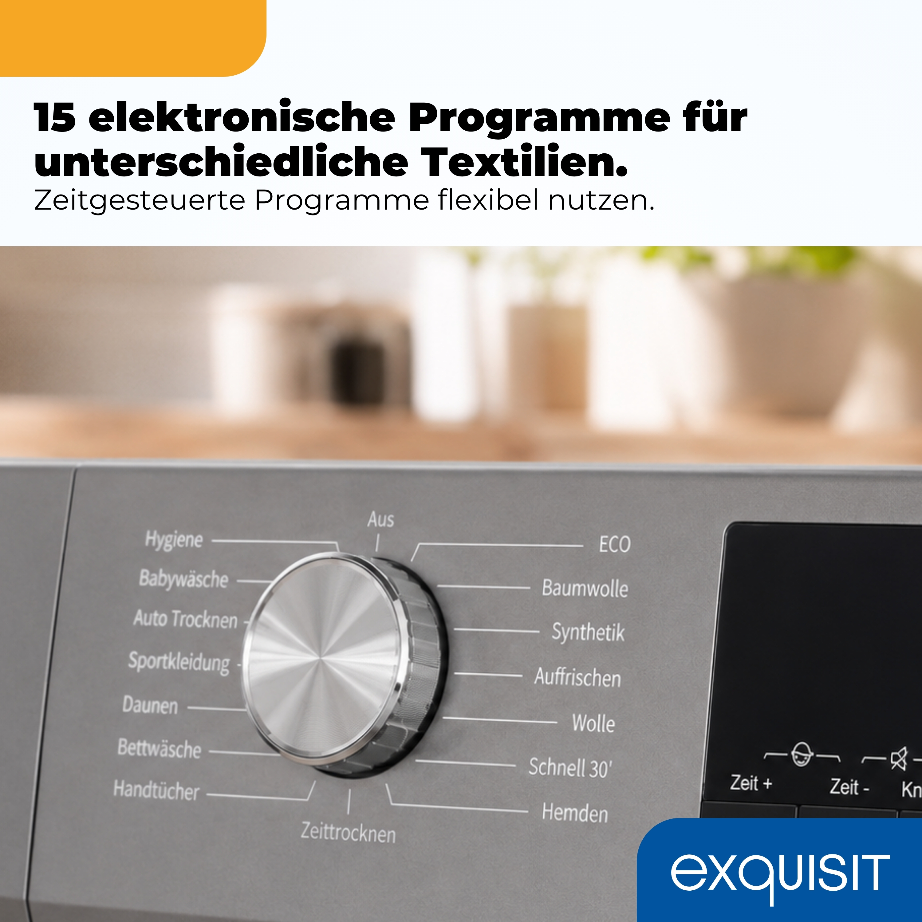 Grauer Waschmaschinen-Bedienfeld mit Drehknopf und digitalem Display.