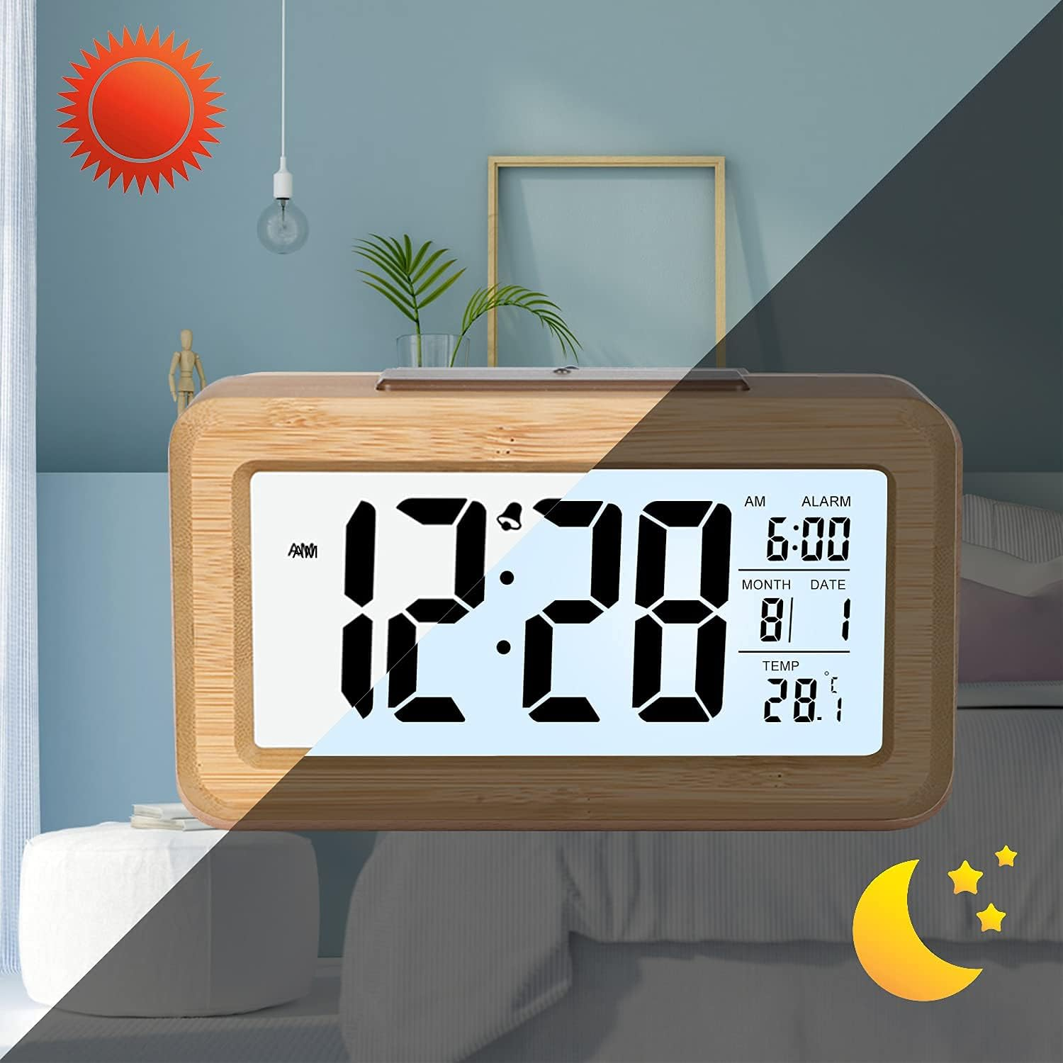 Digitaluhr mit Holzrahmen zeigt 12:28 Uhr und 28,1 °C an.