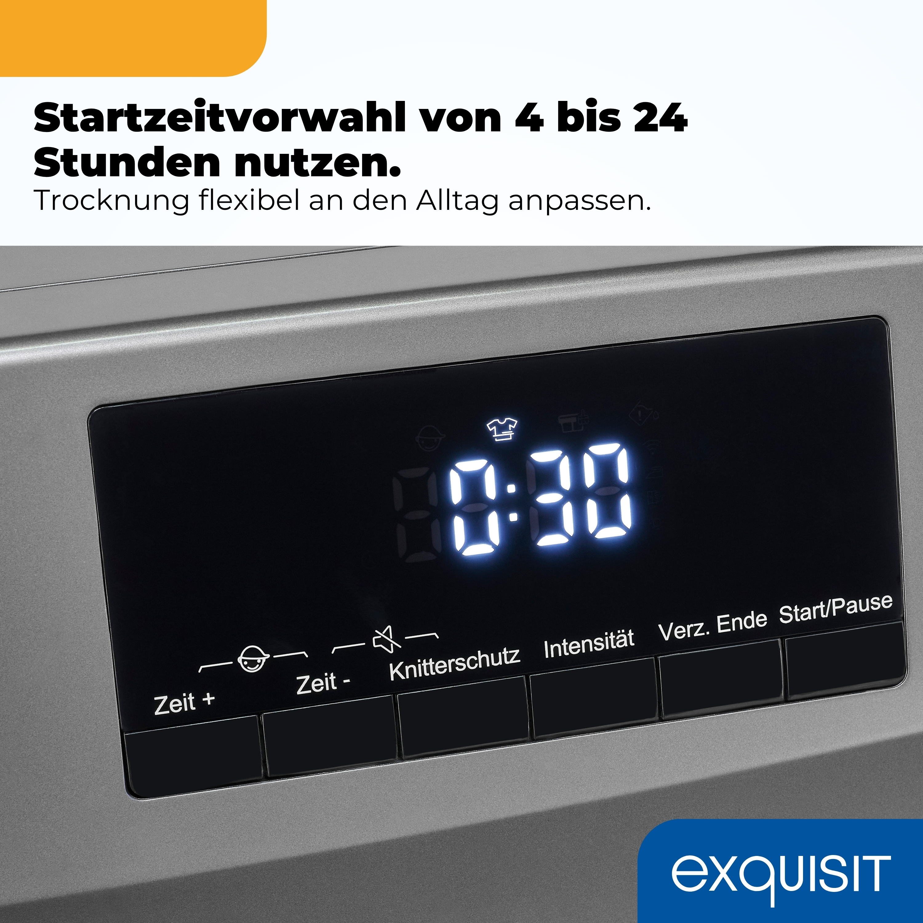 Display einer Waschmaschine mit der Zeit 0:30 und Symbolen für Trocknungsprogramme.