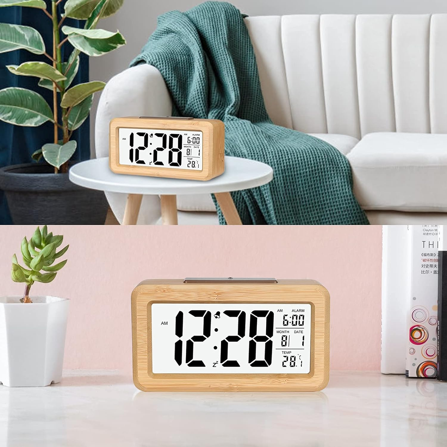 Digitaler Wecker aus Holz zeigt 12:28 Uhr an. Oben ein Wohnzimmer, unten ein Schreibtisch.