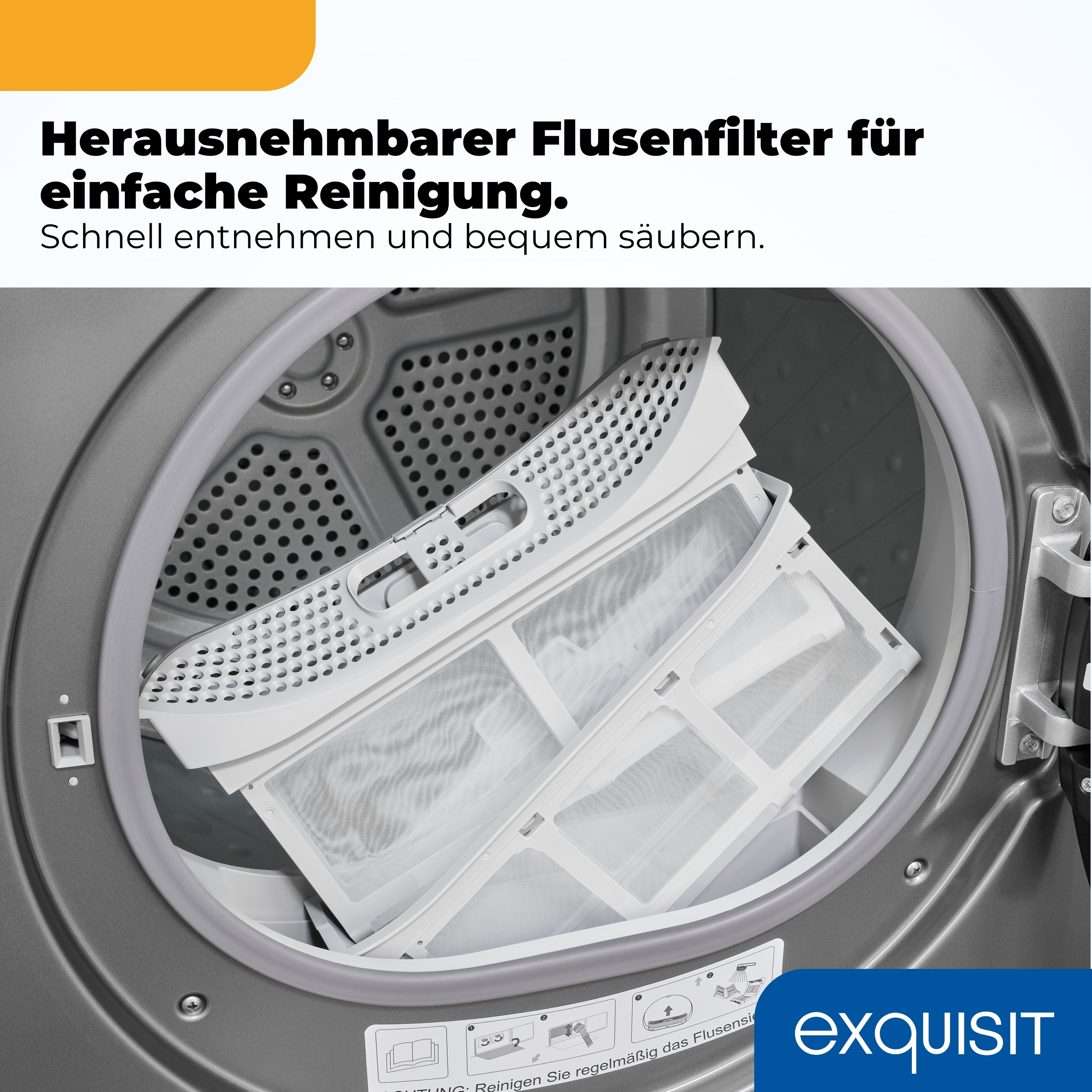 Ein herausnehmbarer Flusenfilter aus weißem Kunststoff in einer grauen Waschmaschinentrommel.