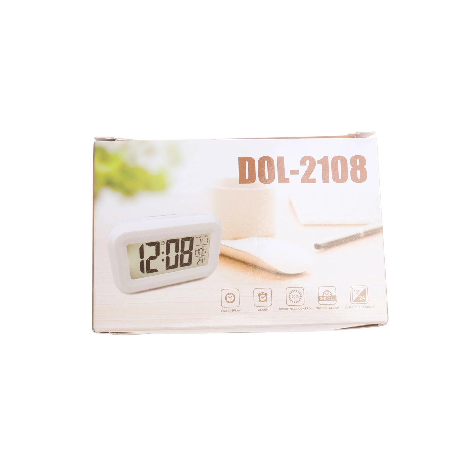 Verpackung eines digitalen Weckers mit der Modellnummer DOL-2108.