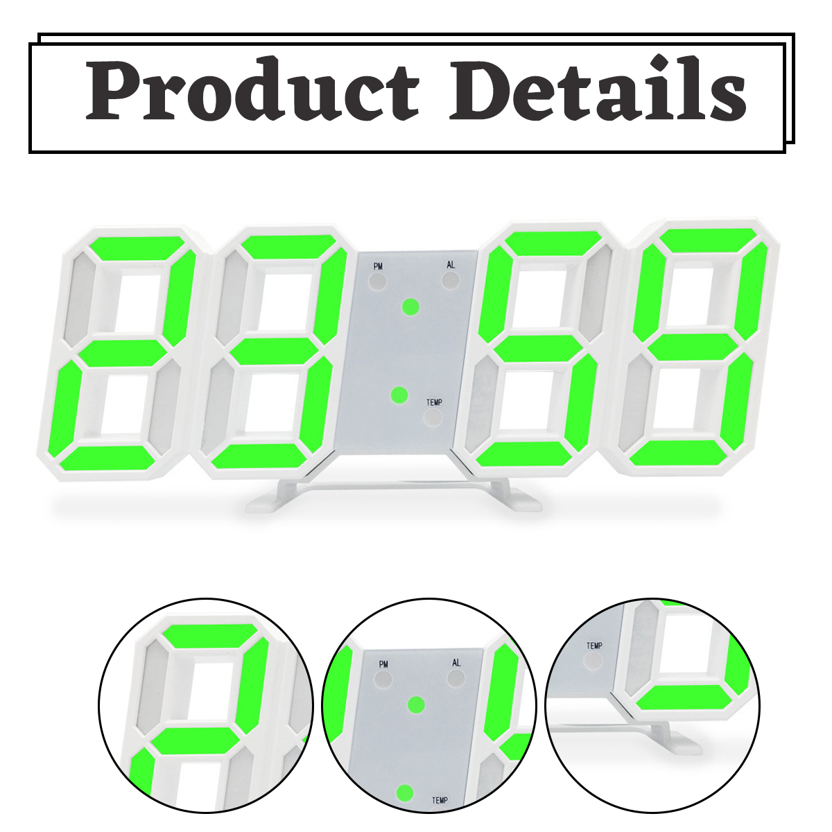 Weiße 3D-Digitaluhr mit hellgrüner LED-Anzeige, die 88:88 anzeigt.