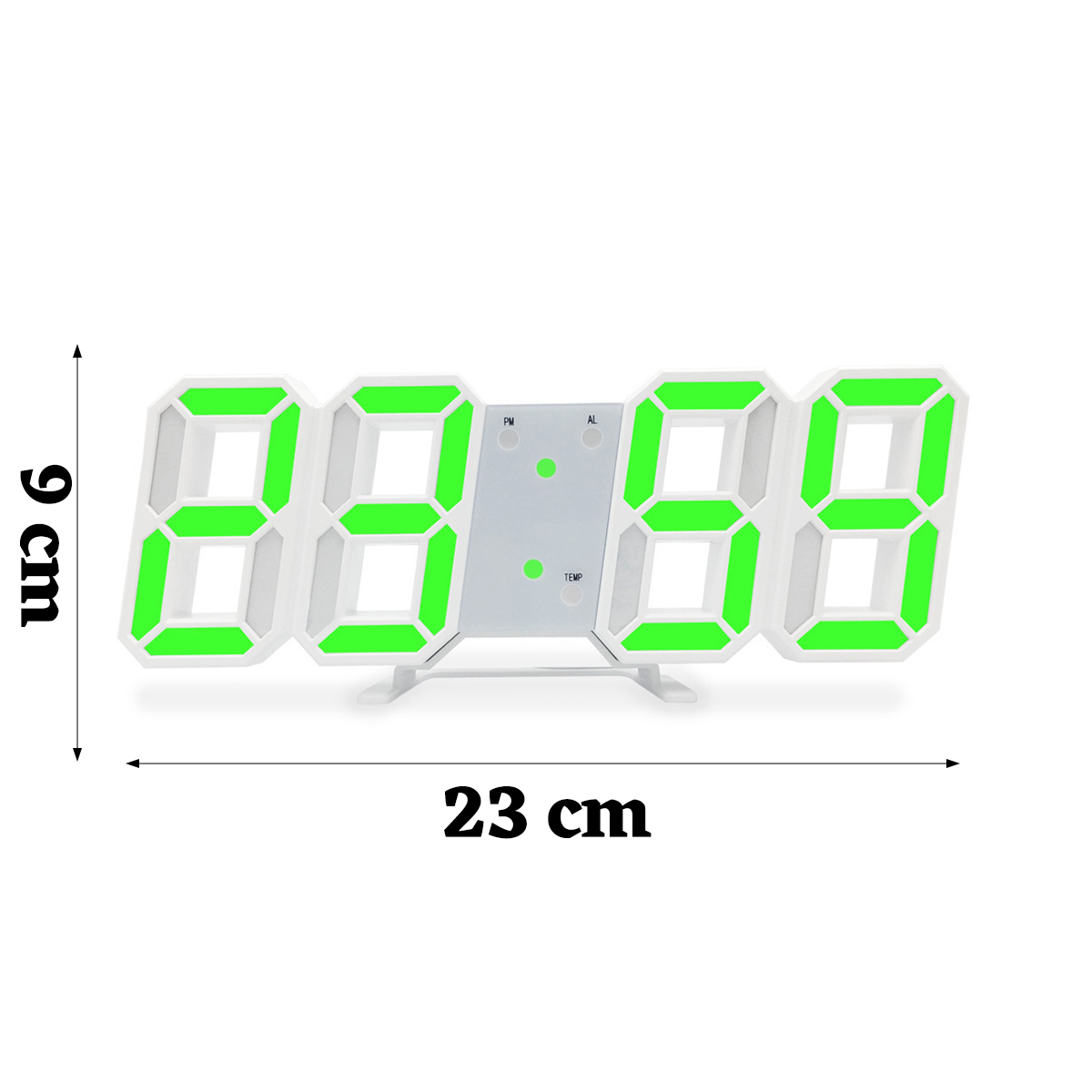 Digitale Uhr mit grünen Leuchtziffern, 23 cm breit, 9 cm hoch.