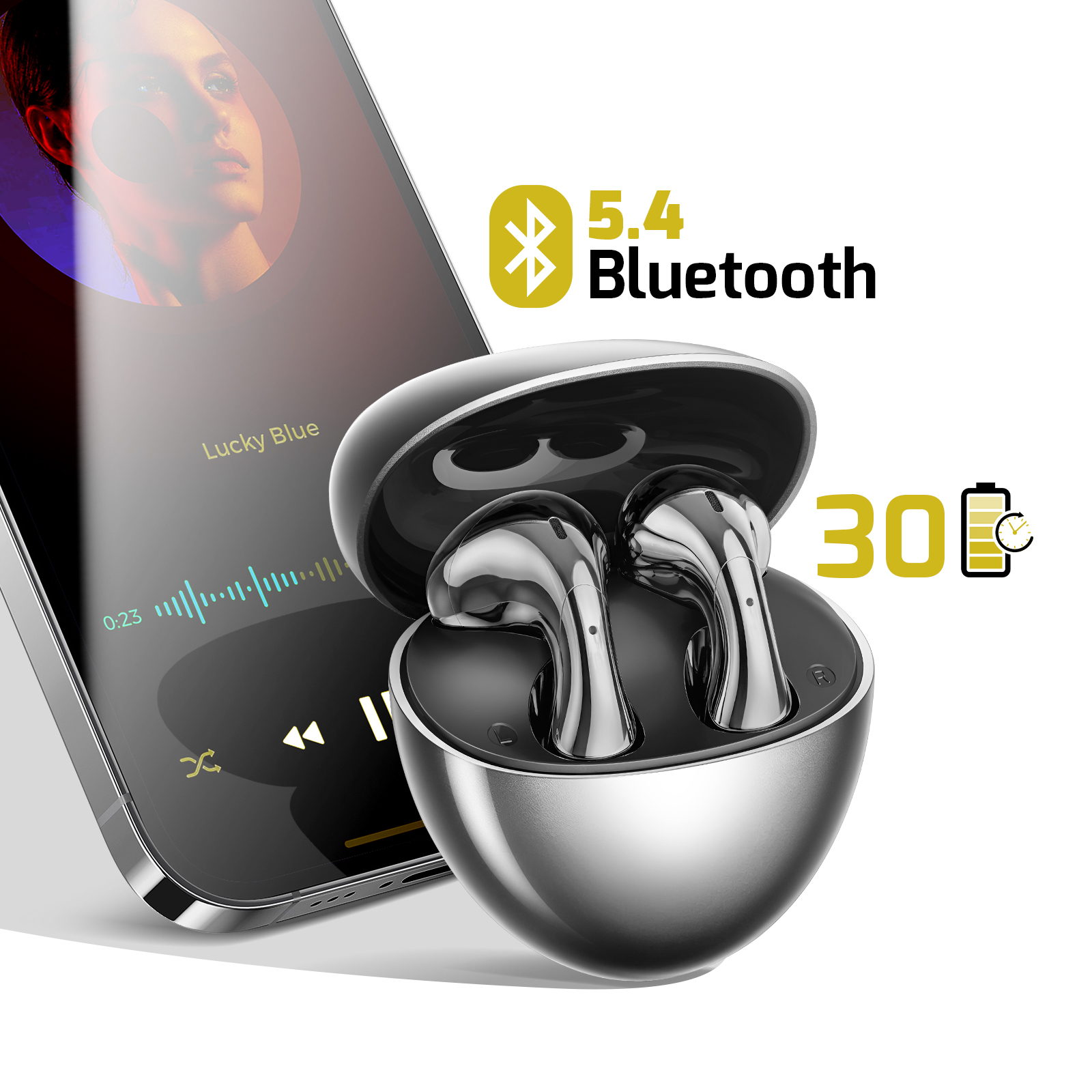 Auricolari argentati in una custodia di ricarica accanto a uno smartphone con app musicale.