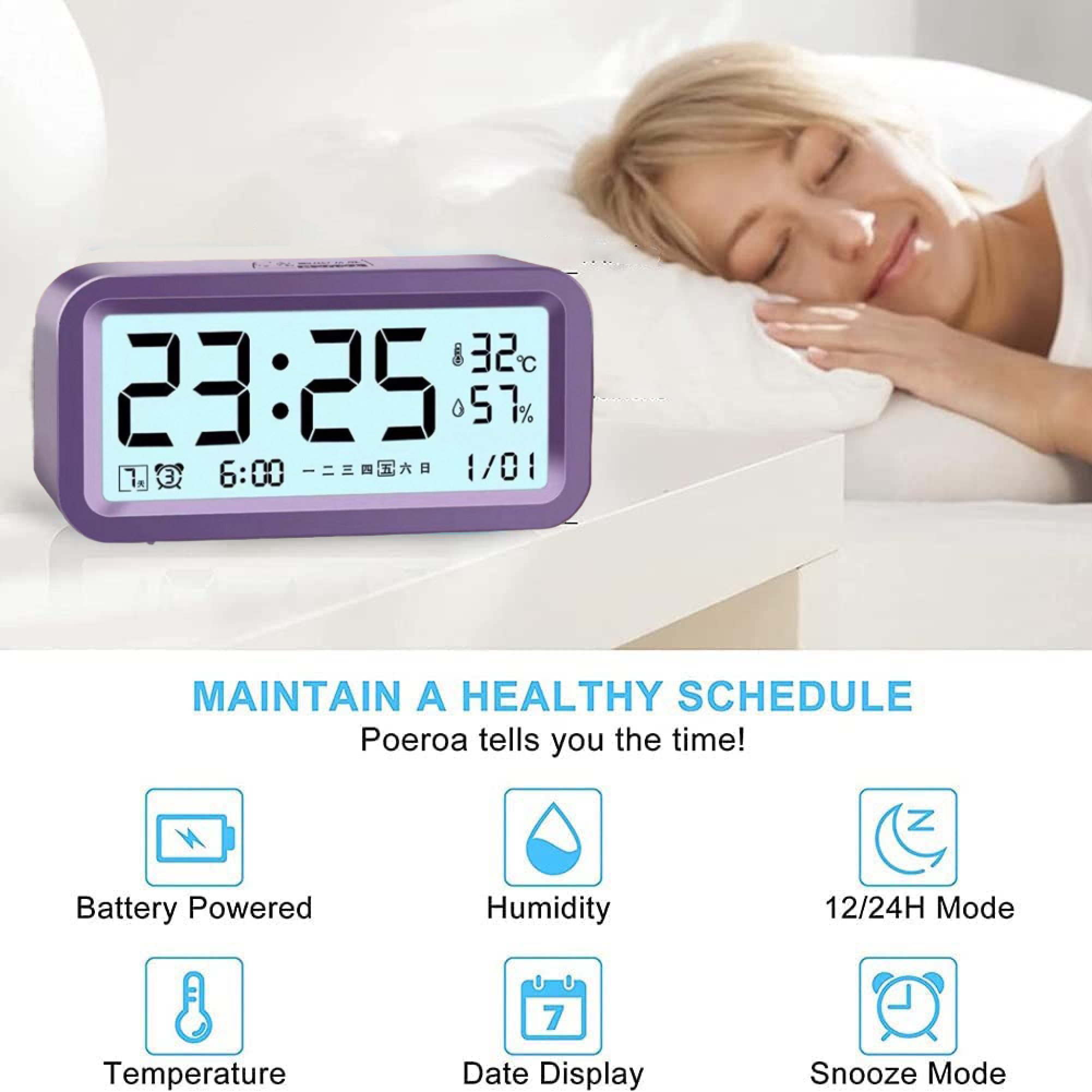 Ein violetter Digitalwecker zeigt 23:25 Uhr, 32°C und 57% Luftfeuchtigkeit an.