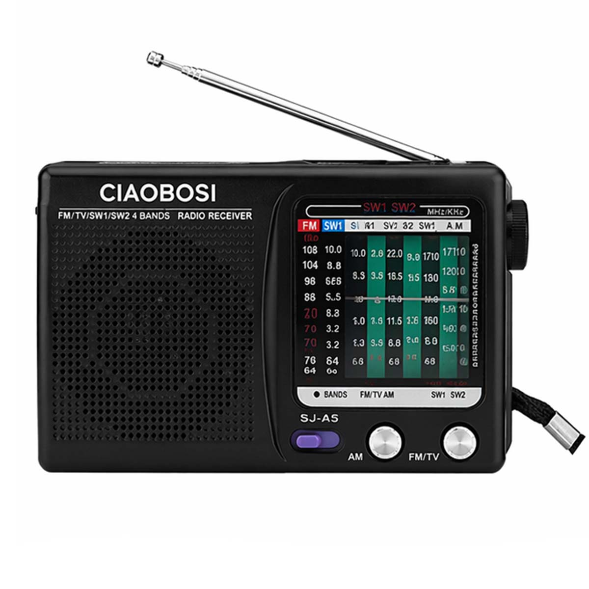 Ein schwarzes Radio mit Antenne und Display. Beschriftungen: CIAOBOSI, FM/TV/SW1/SW2 4 BANDS.