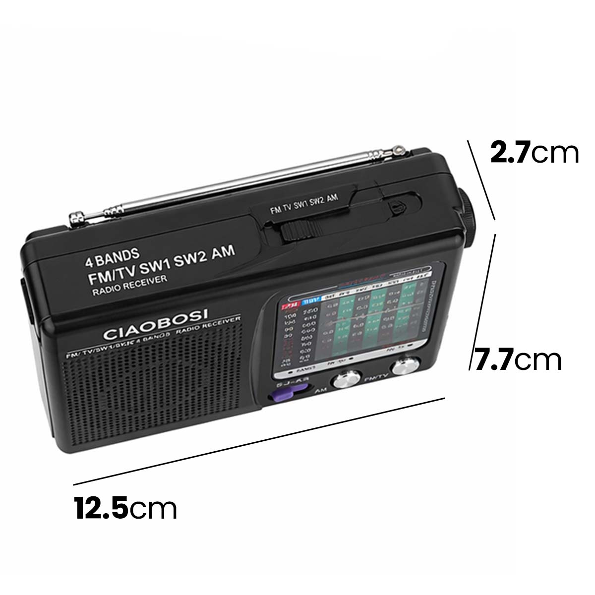 Ein schwarzes 4-Band-Radio mit Teleskopantenne und Messungen.