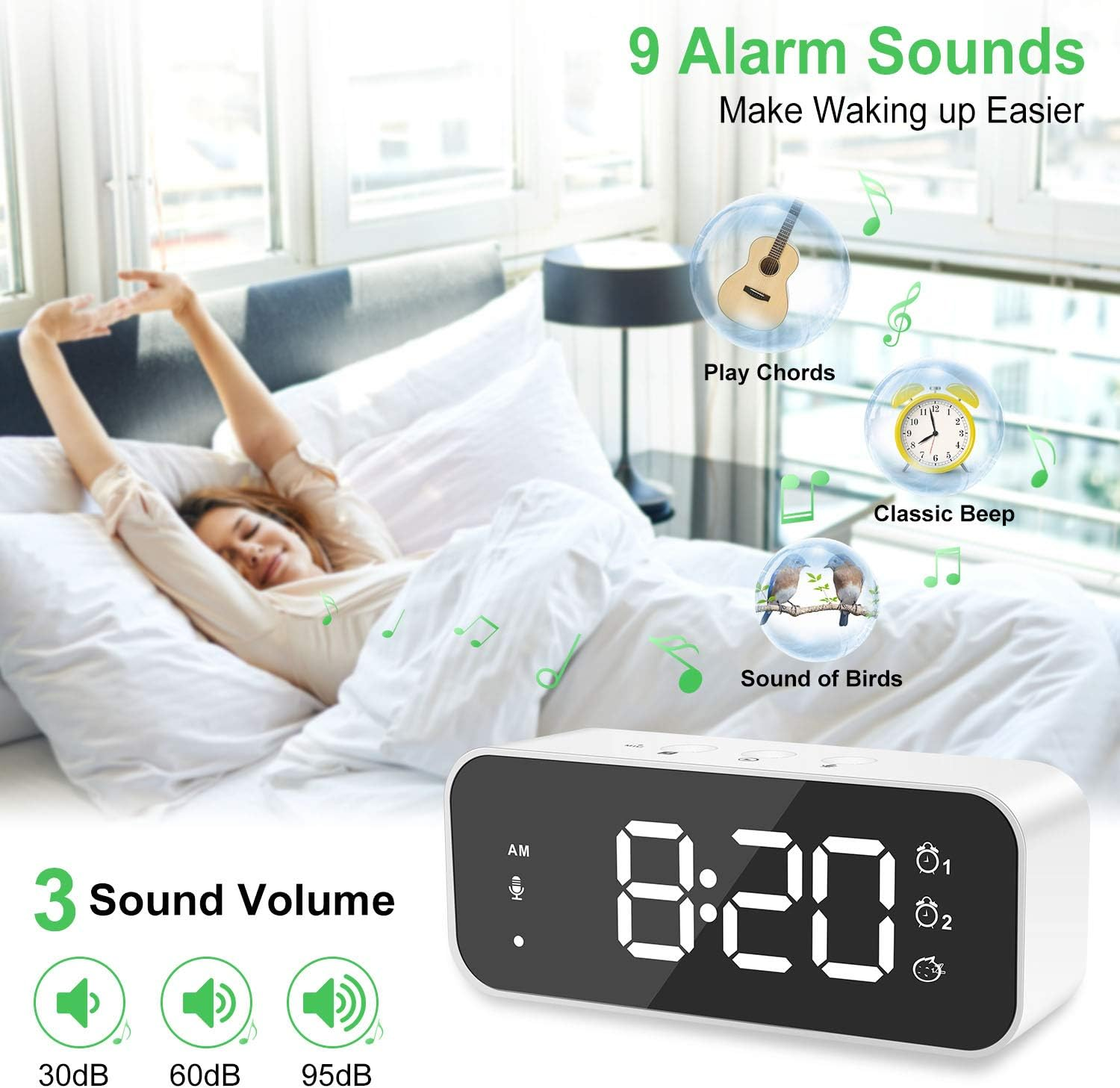 Ein Mann streckt sich im Bett, ein Wecker zeigt 8:20 Uhr an. 9 Alarmtöne.