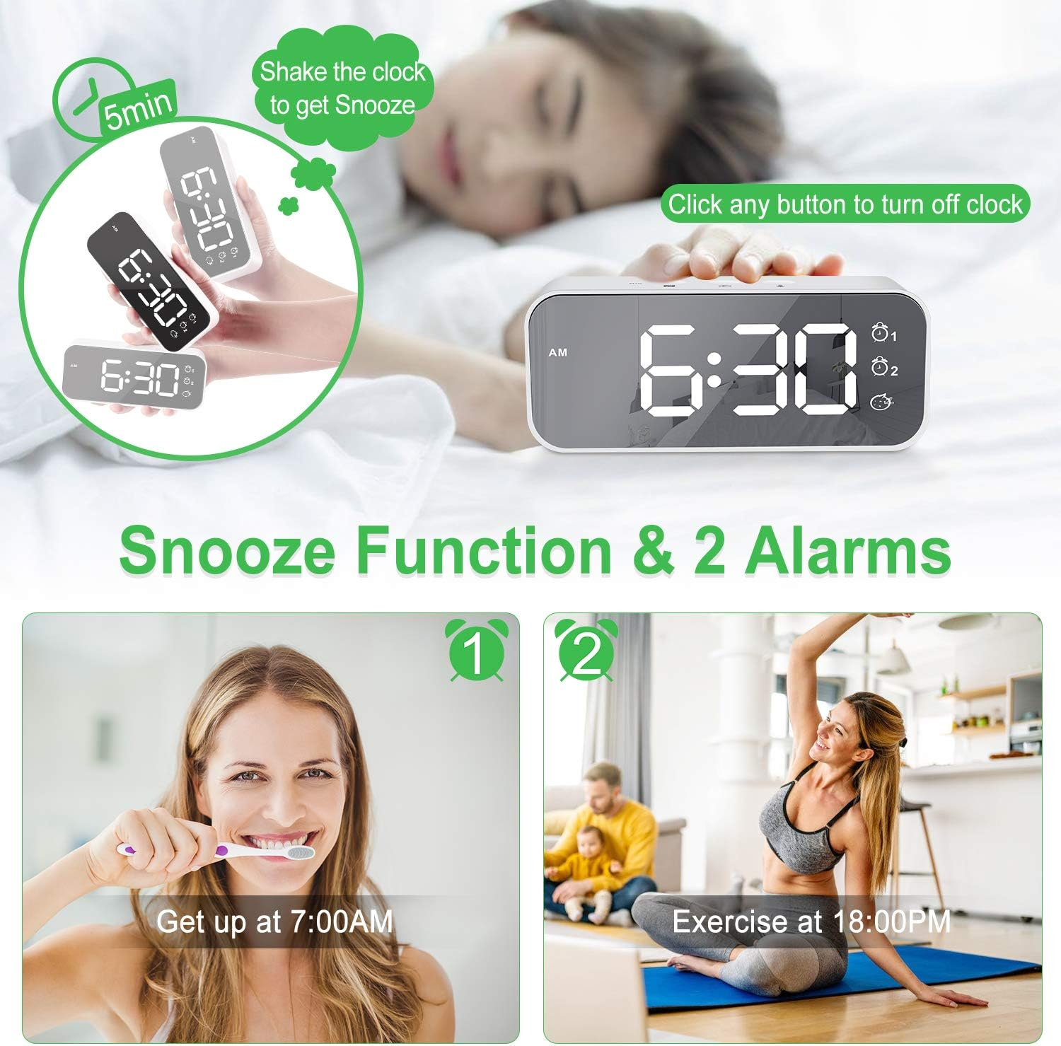 Digitaluhr mit Snooze-Funktion und 2 Alarmen, Frau putzt Zähne, Frau übt Yoga.