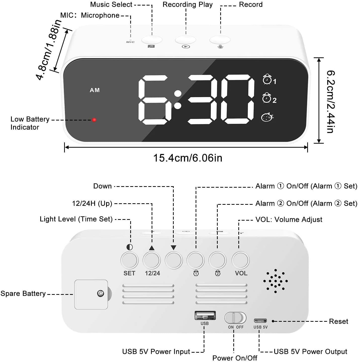 Digitaler Wecker mit Anzeige von 6:30 Uhr, Abmessungen und Bedienelementen.