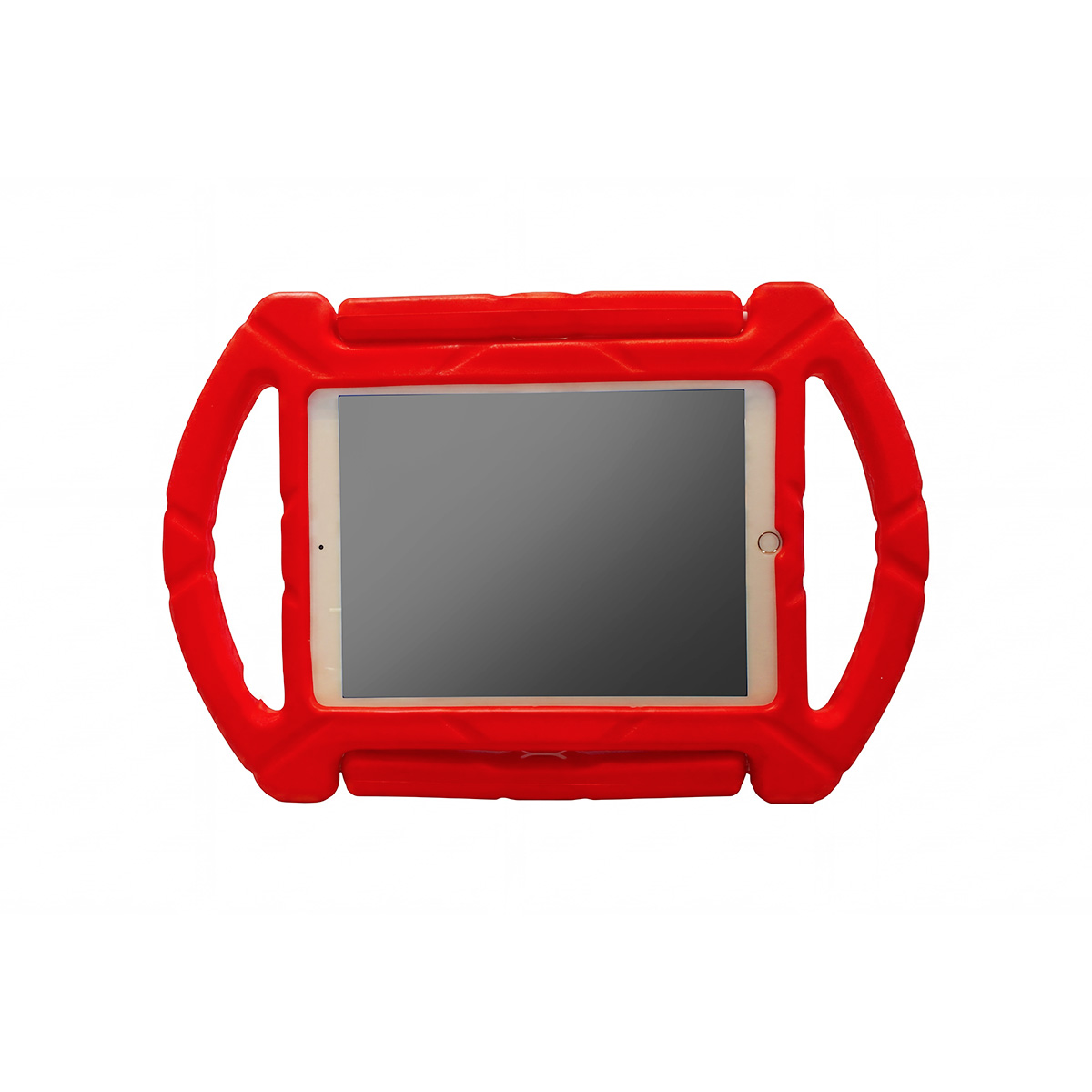 Ein rotes, schlagfestes Tablet-Case mit Griffen, auf weißem Hintergrund.
