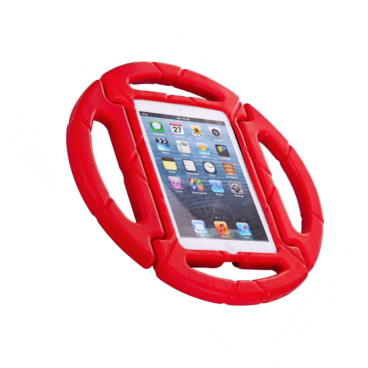 Ein rotes iPad im Stoßschutzgehäuse mit Apps auf dem Bildschirm.