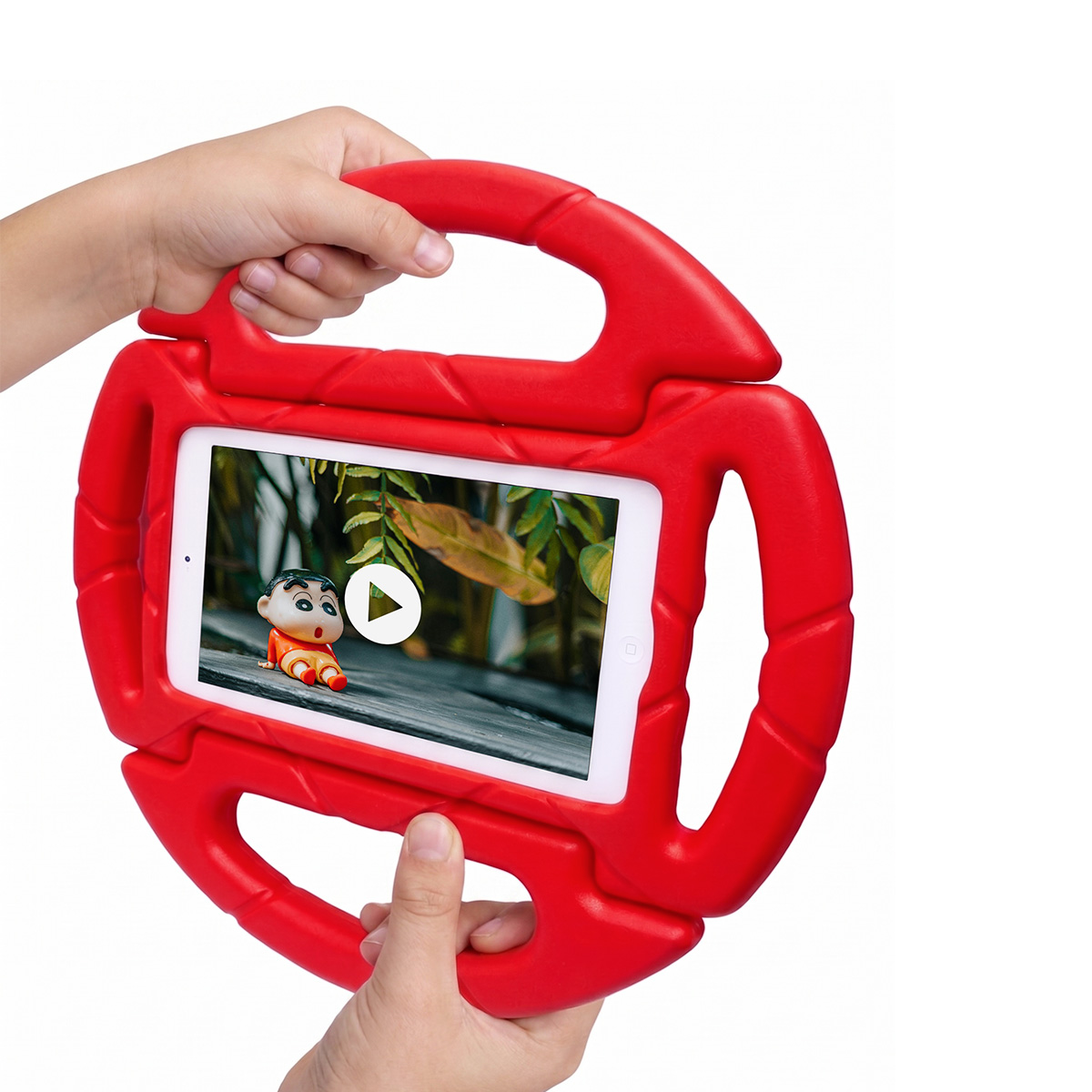 Roter Tablet-Griff mit einem Kinderspielzeug auf dem Bildschirm.